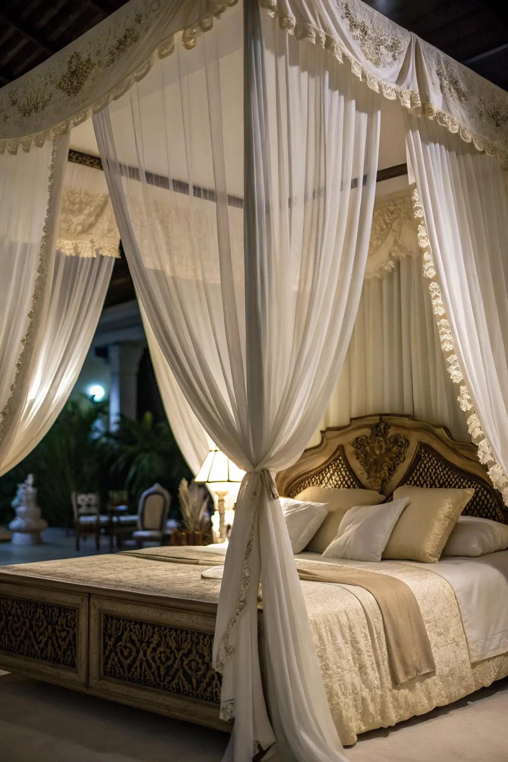 A canopy adds drama and privacy to a corner bed.
