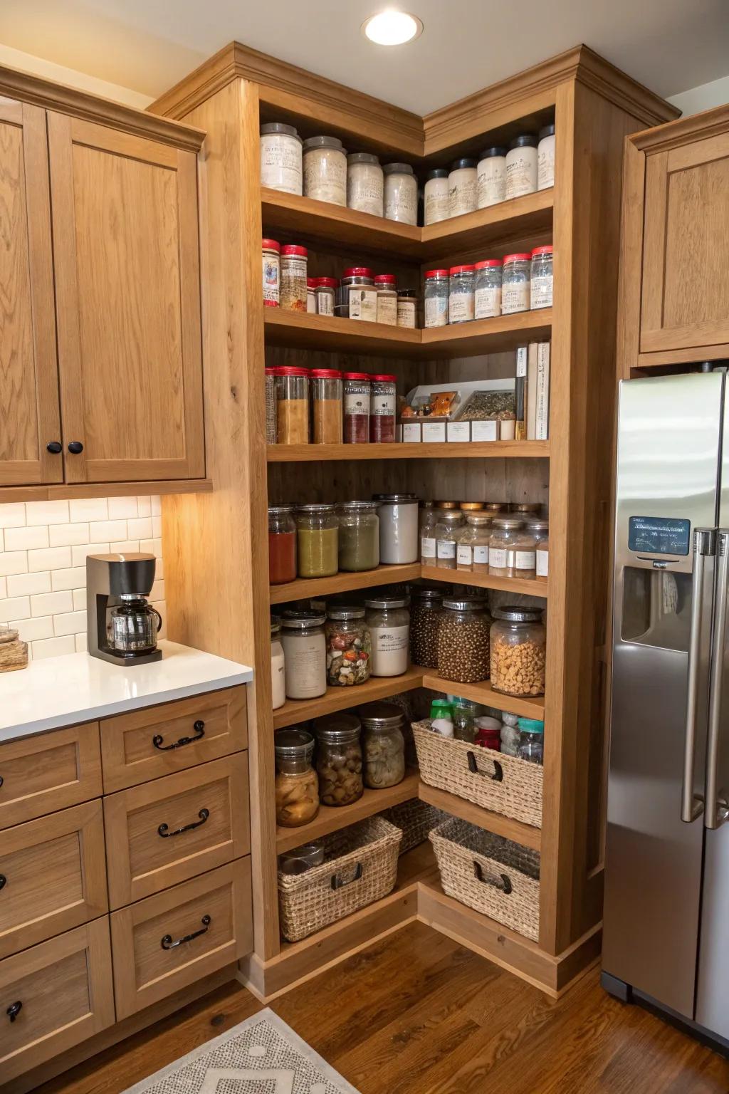 A corner pantry maximizes storage while maintaining a clean appearance.