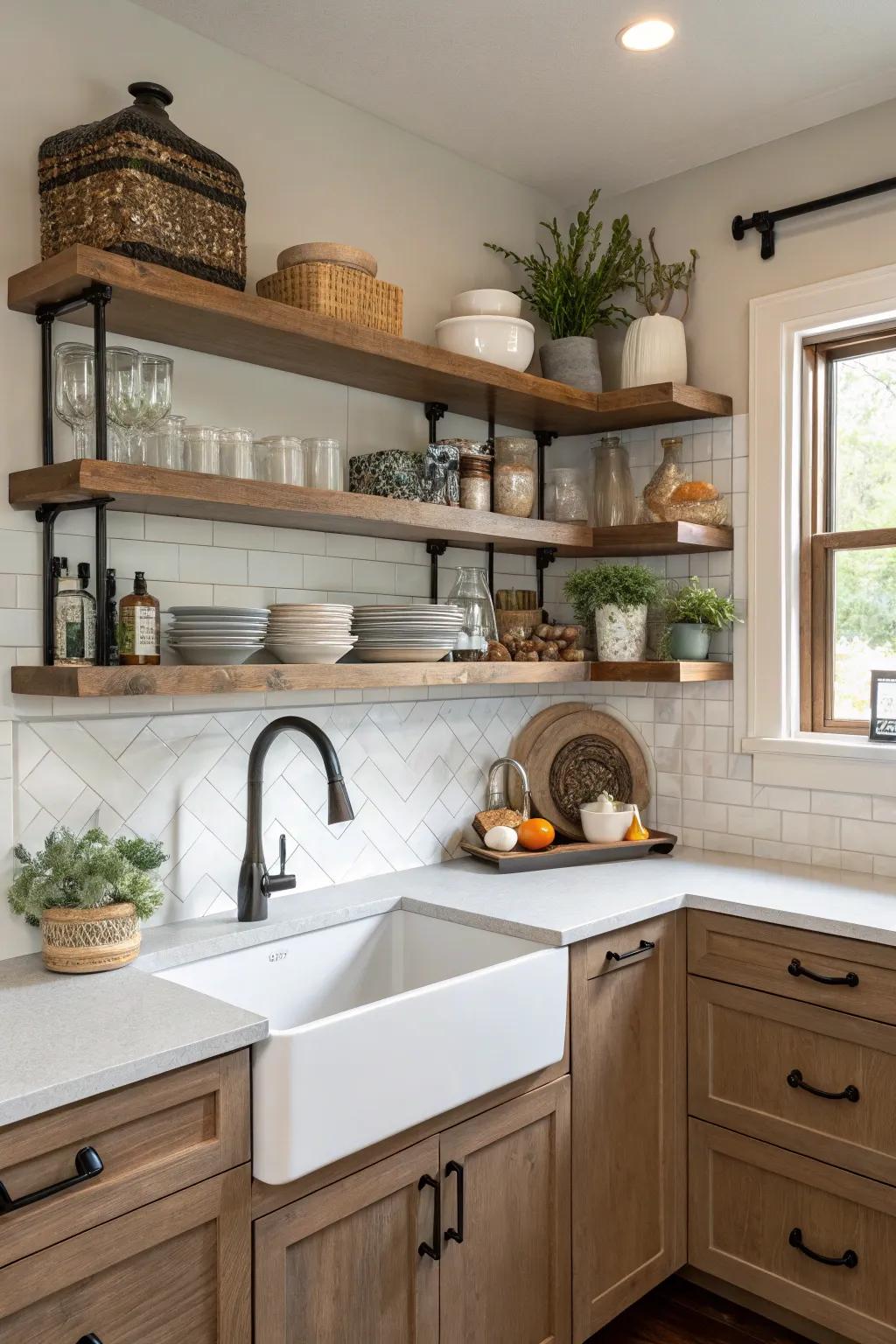 Open shelving above the sink can bring both style and practicality to your kitchen.