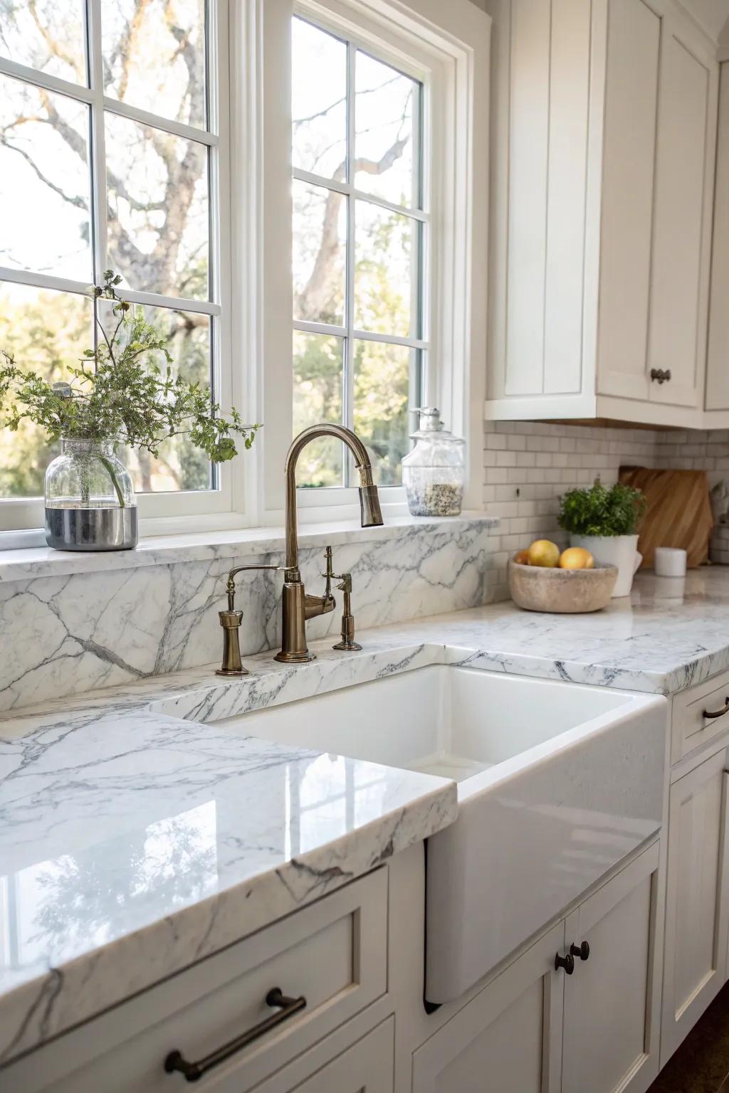 Seamless incorporation of marble countertops with a corner kitchen sink.