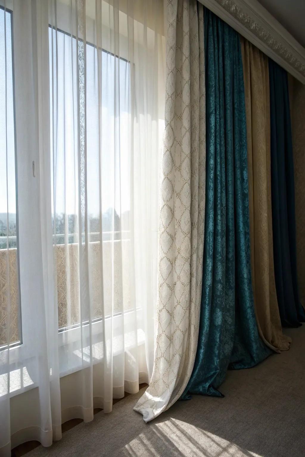 Graduated window coverings add depth and texture.