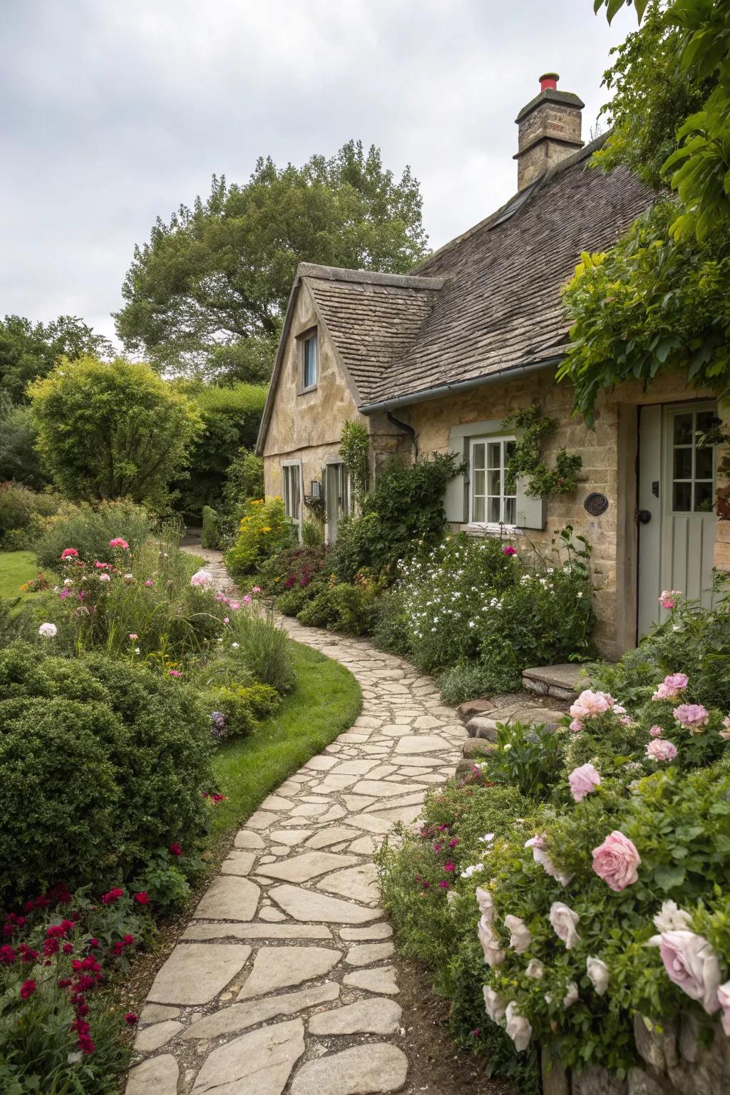 Stone pathways lead guests through a charming garden to the cottage.