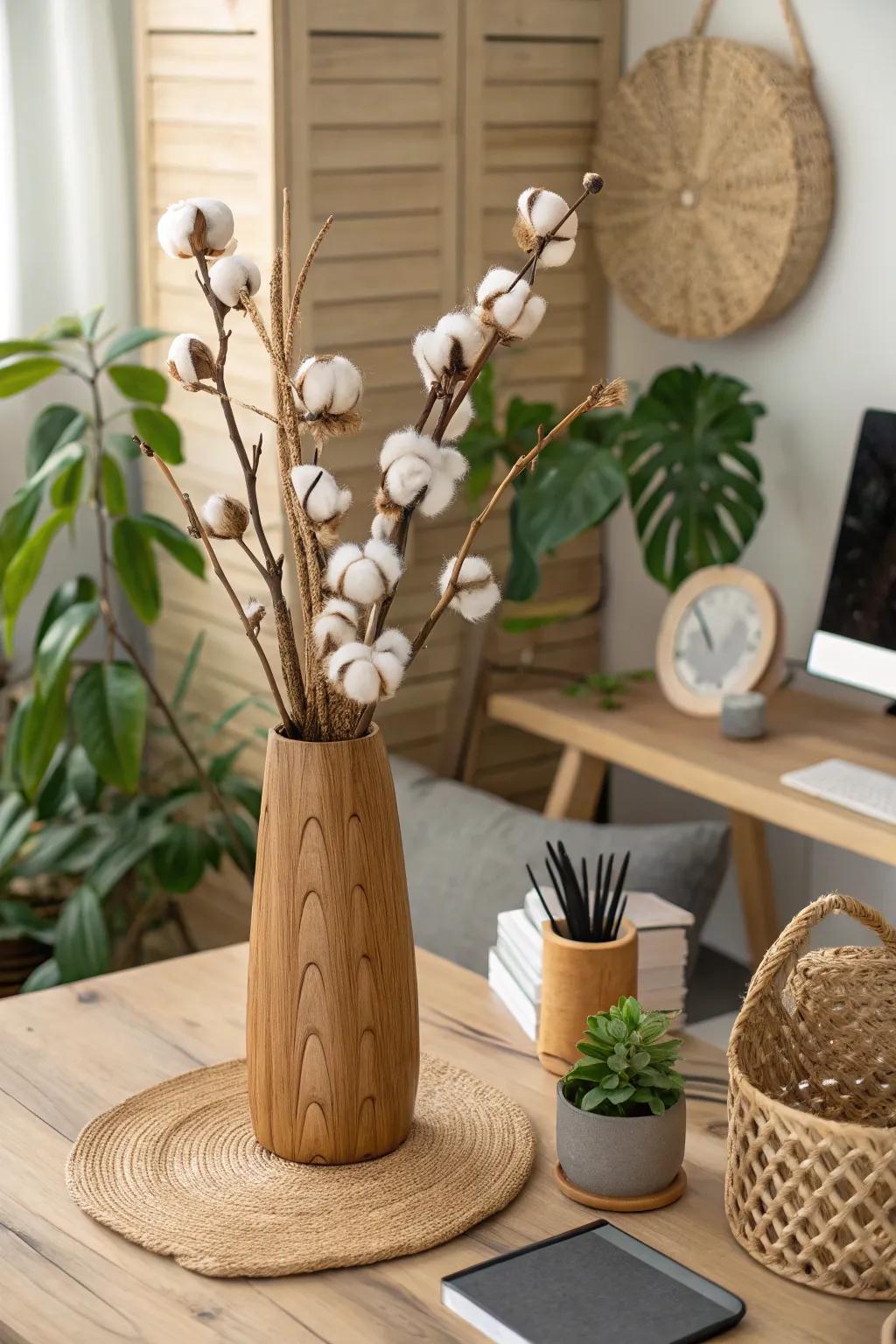 Inherent simplicity presented using a wooden container alongside cotton stems.