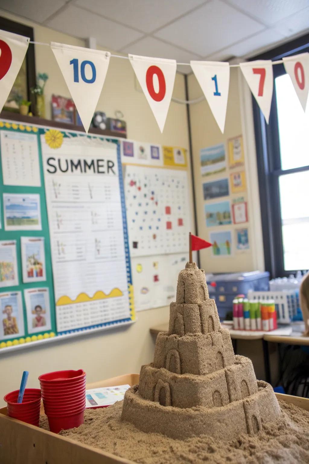 A sandcastle countdown bringing the beach to the classroom.