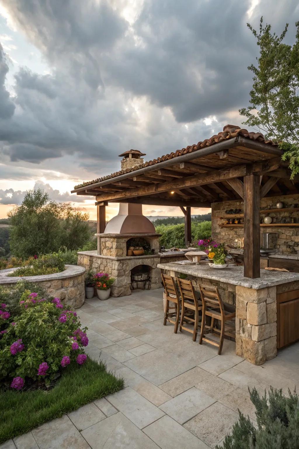 A stone outdoor cooking area provides a culinary feature to the patio.