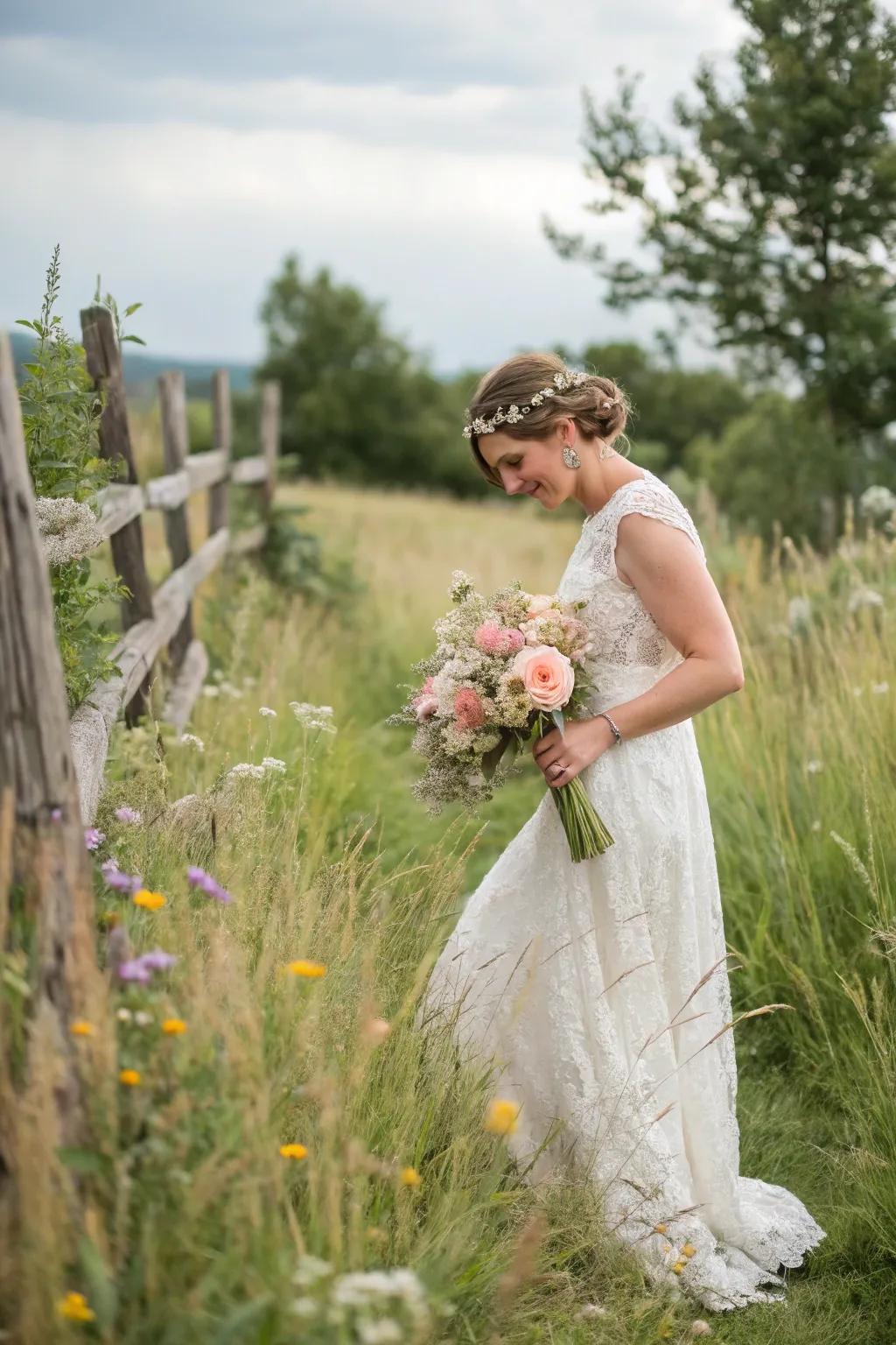 A bride appearing stunning in an informal delicate wedding gown positioned against a countryside backdrop.