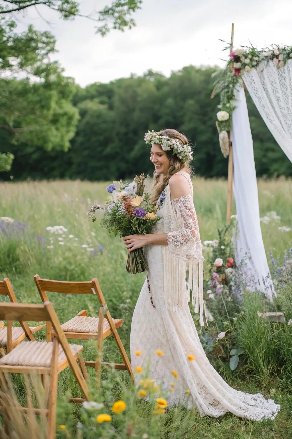 Bohemian embellishments lend a carefree accent to a wedding.