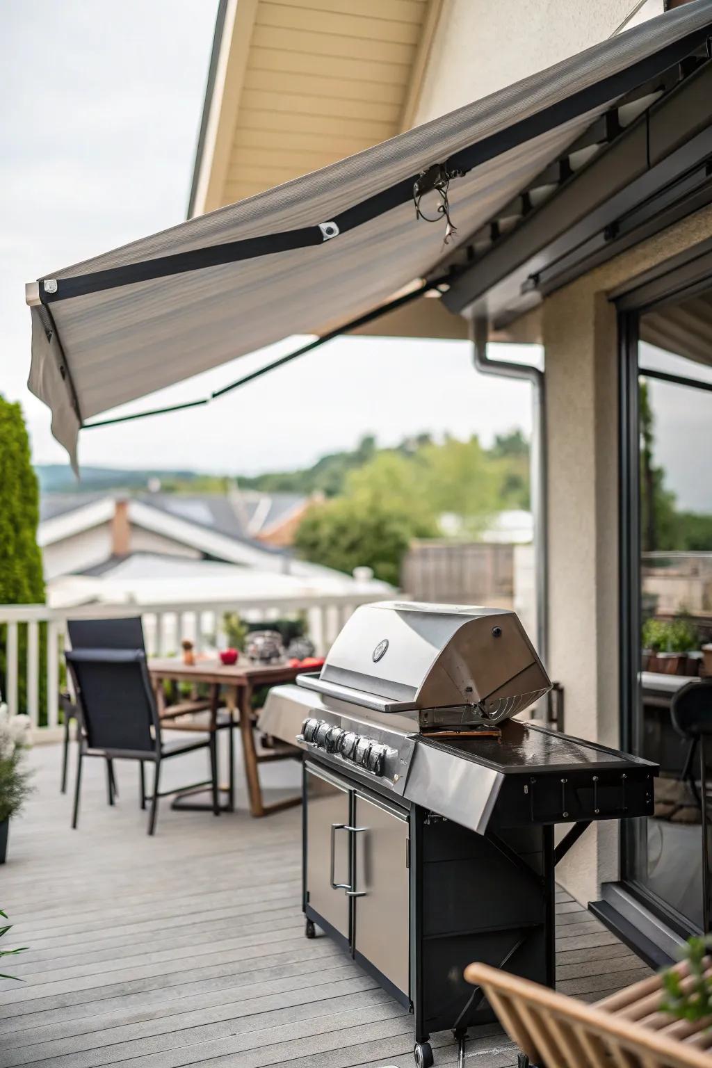 An adaptable roll-out awning providing shade for a grilling spot.