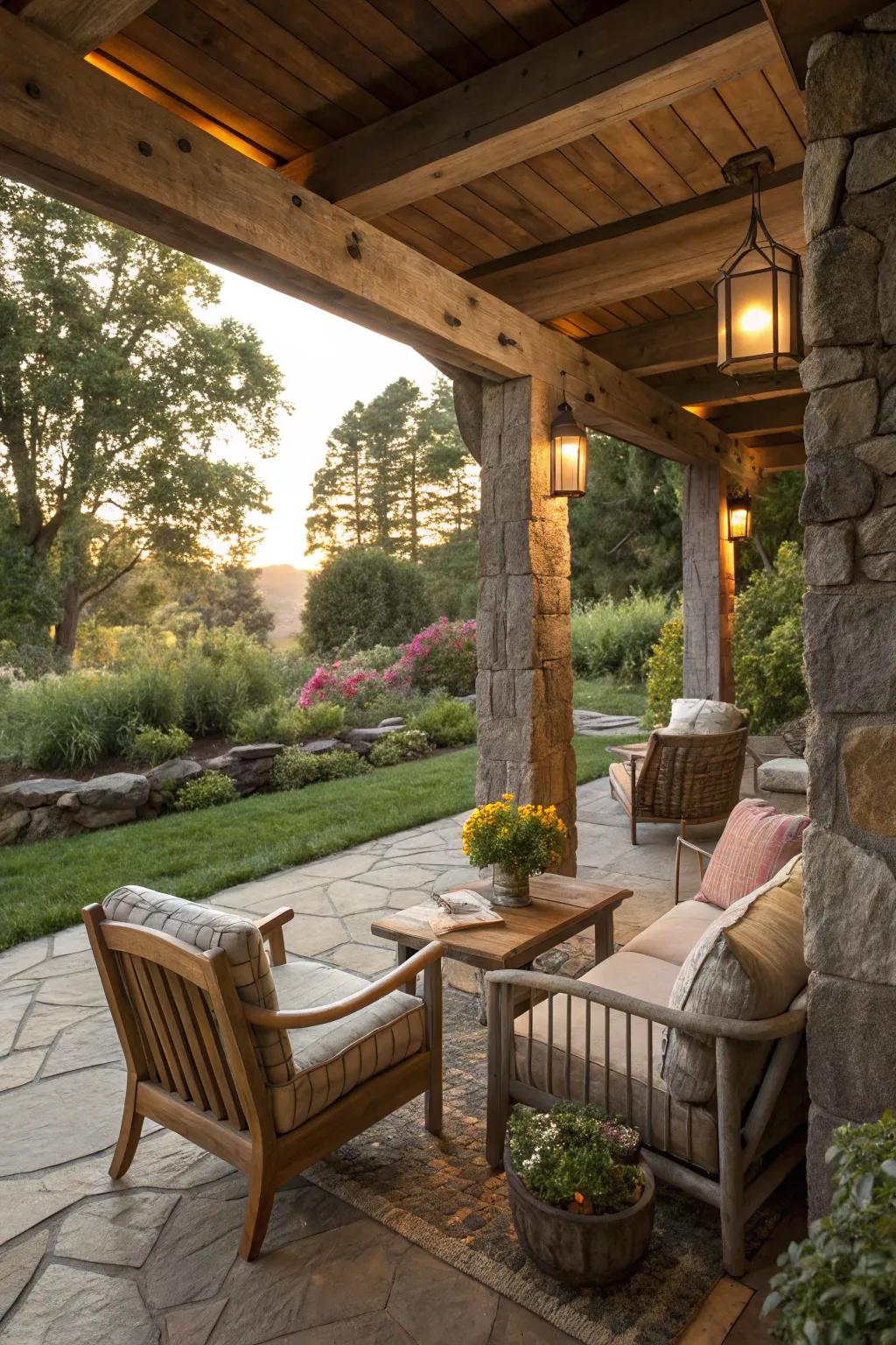 Natural materials introduce rustic appeal to your patio.
