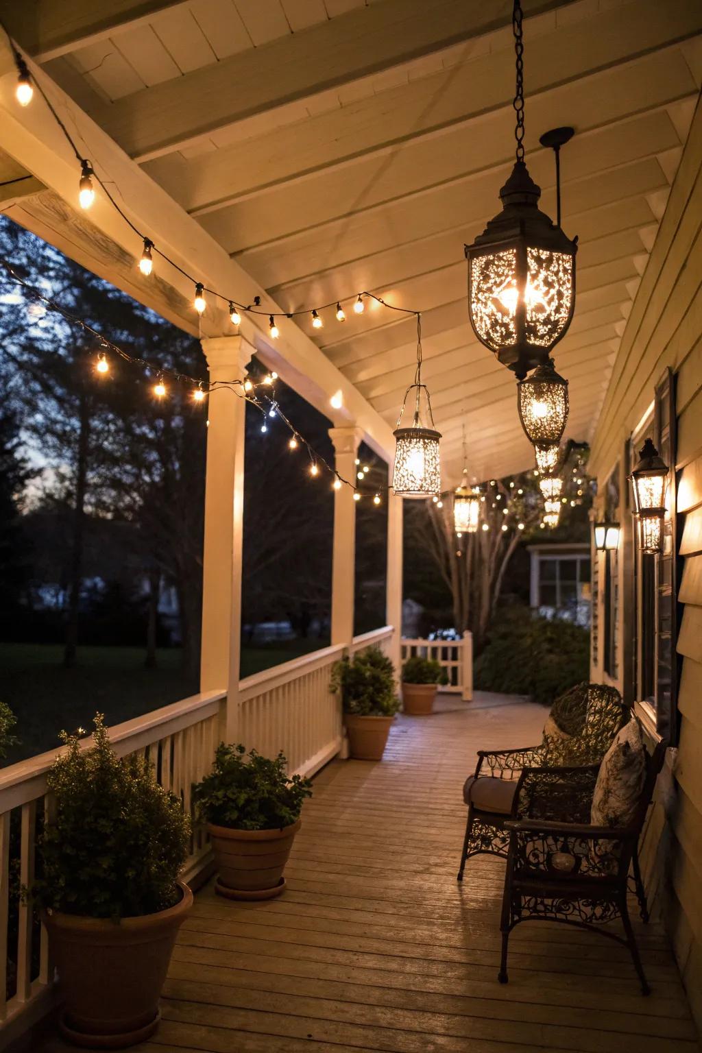 Ornamental illumination changes the porch into a nighttime sanctuary.