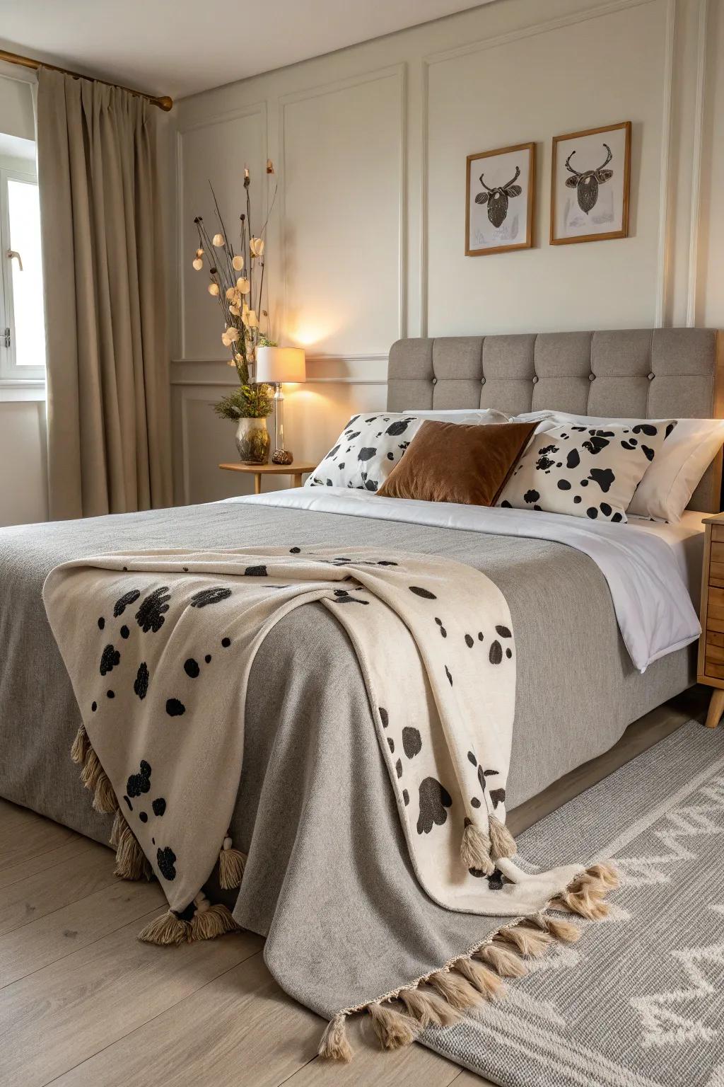 Neutral colors paired with farm animal pattern create a sophisticated aesthetic.