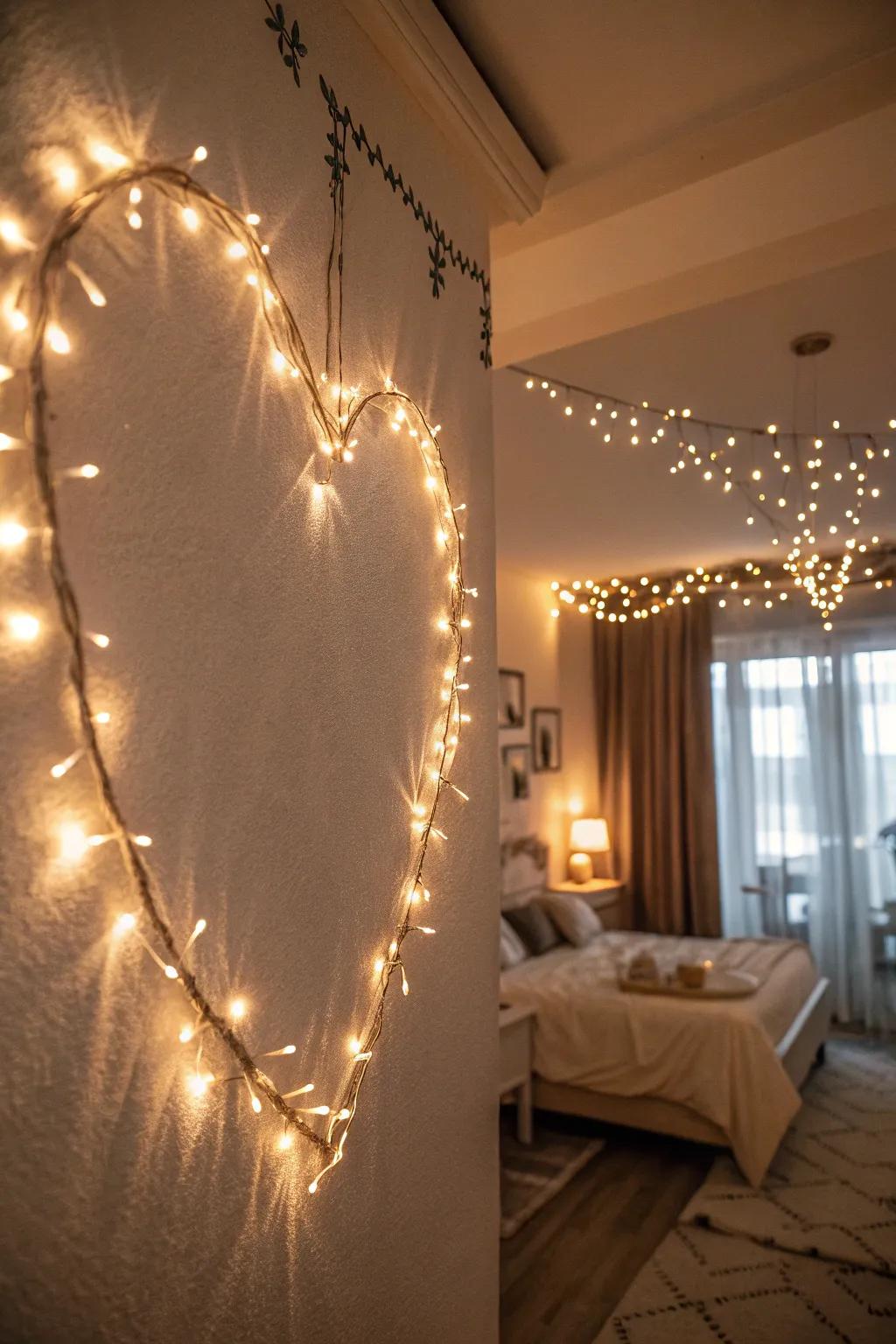 Twinkle lights positioned in a heart design on the bedroom wall.