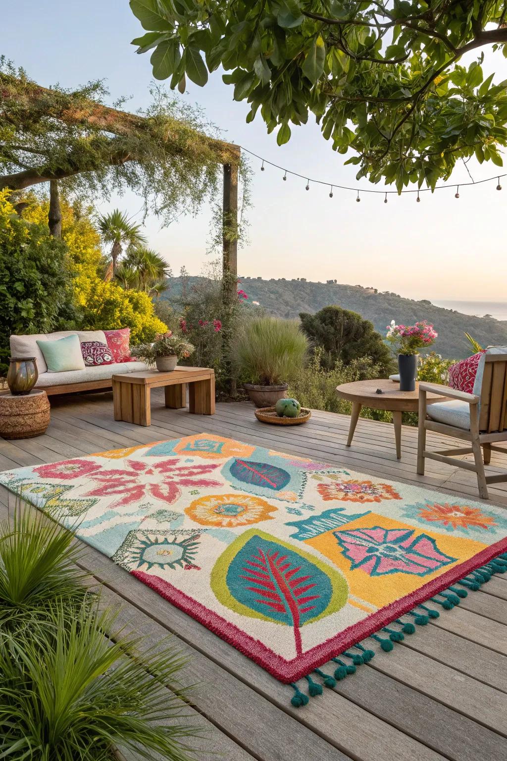 An outdoor rug adds color and defines your space.