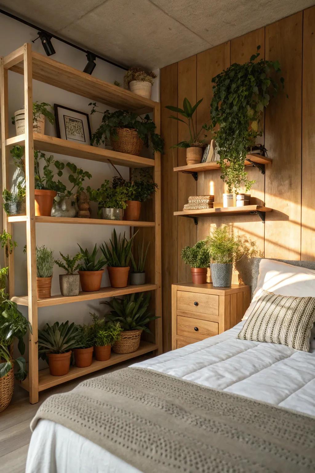 Wooden shelves offer an elegant method to highlight your plant assortment.