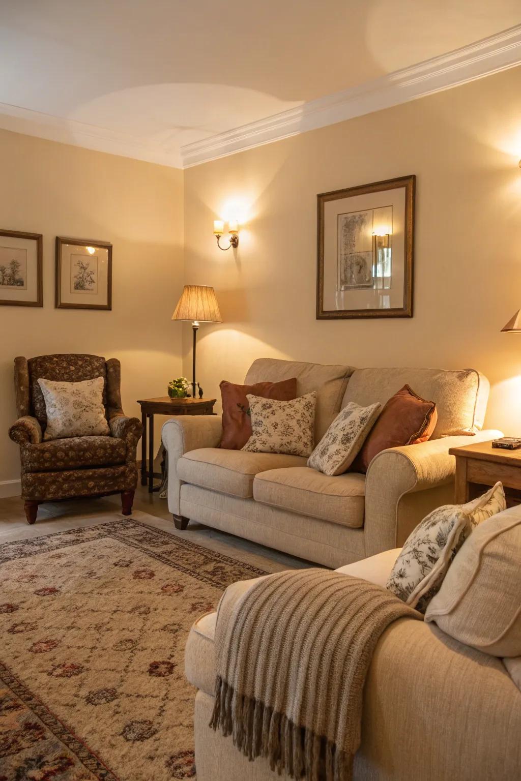 Warm lighting crafts a soothing glow.