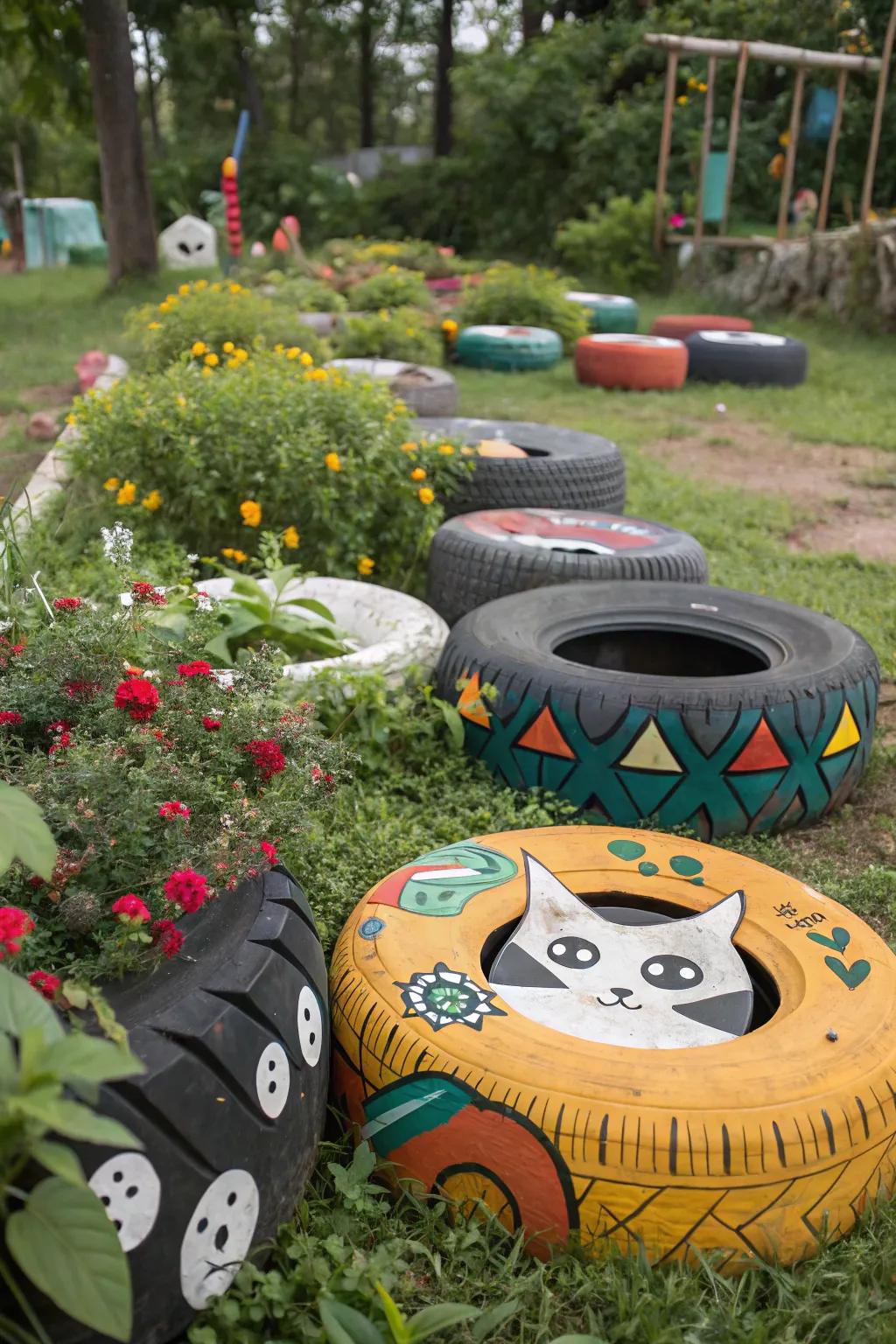 Themed tire art injecting individuality into the garden landscape.