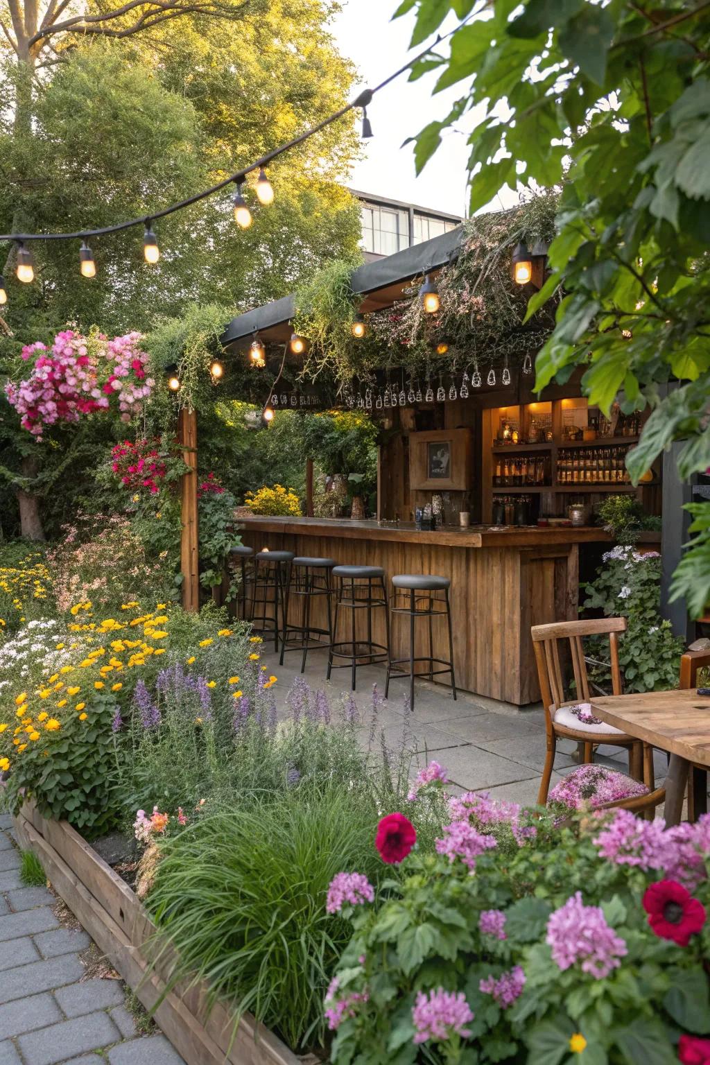 An outdoor bar exquisitely integrated into the garden landscape.