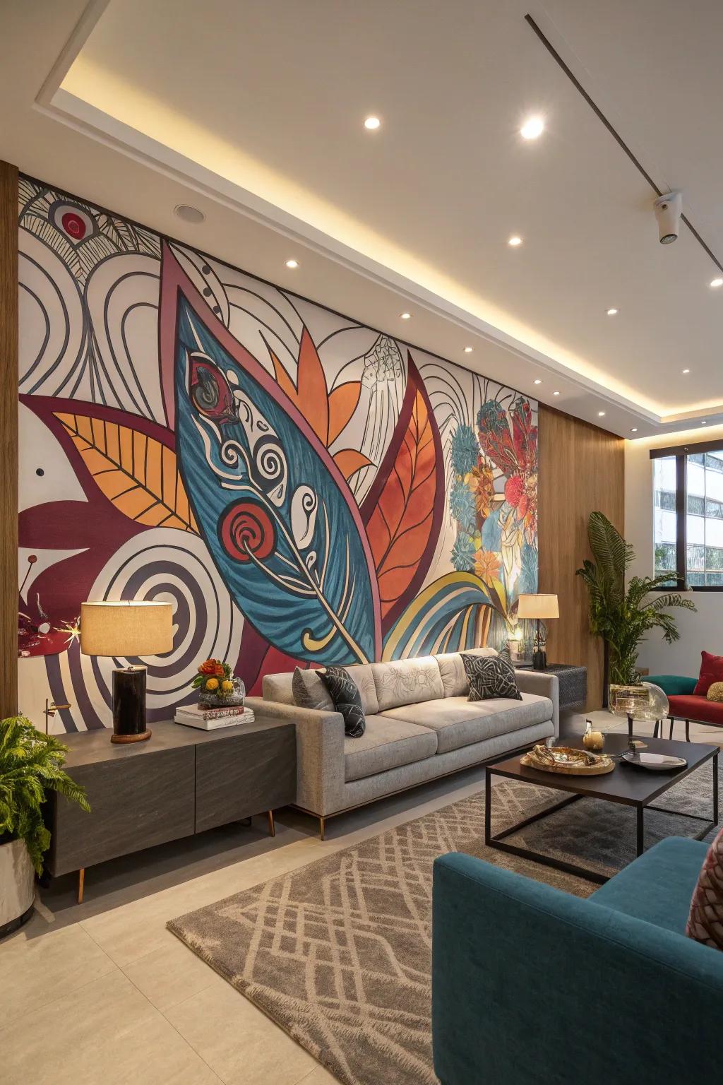 This modern art mural makes a bold visual impact.