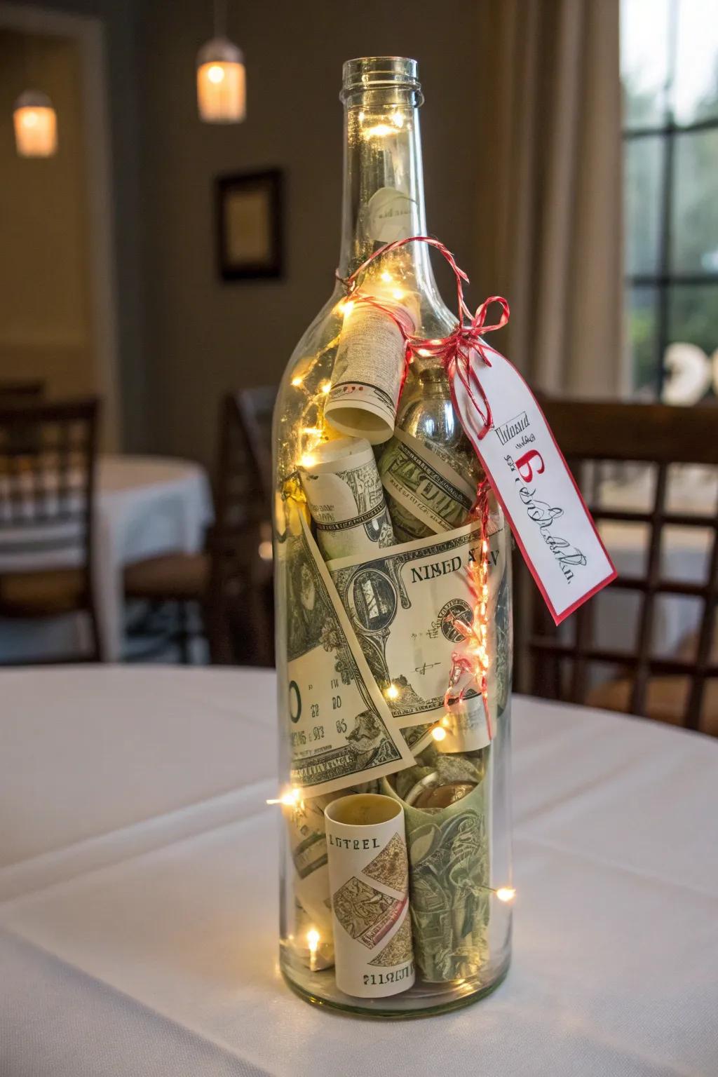 A bottle of holiday cheer filled with cash.