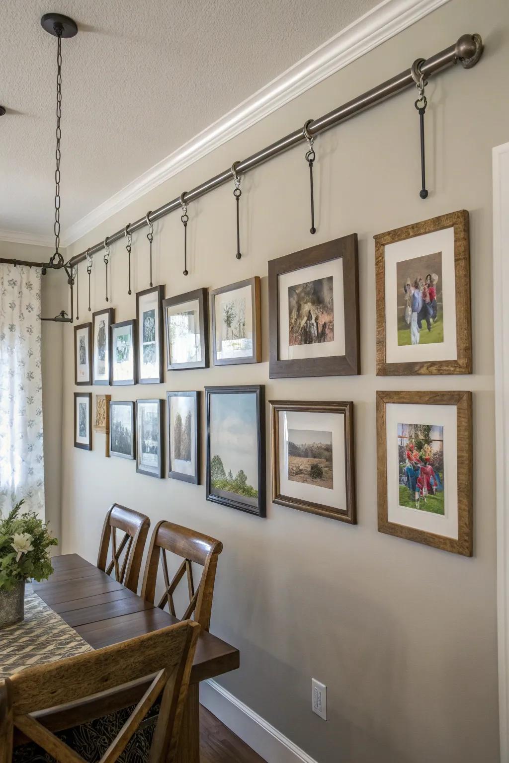 Suspending frames from bars creates a captivating vertical design.