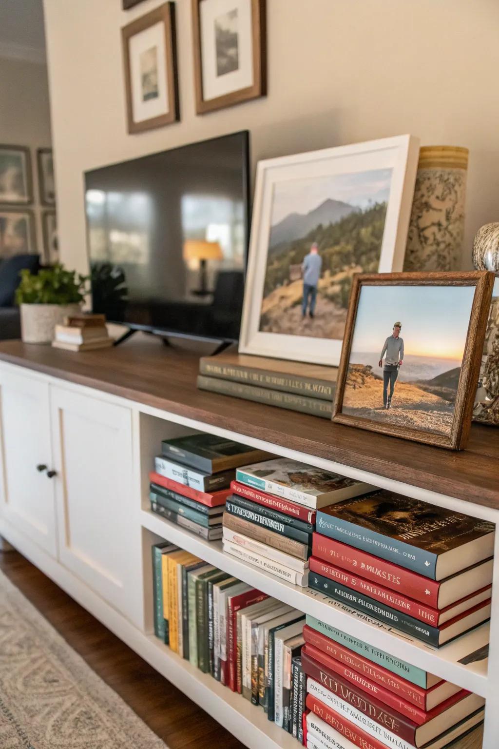A sideboard enhanced with books and personal photos.