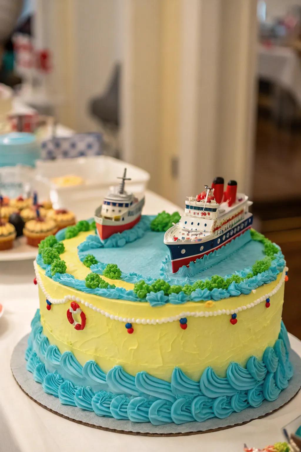 Diminutive cruise vessels add a whimsical touch to this dessert.