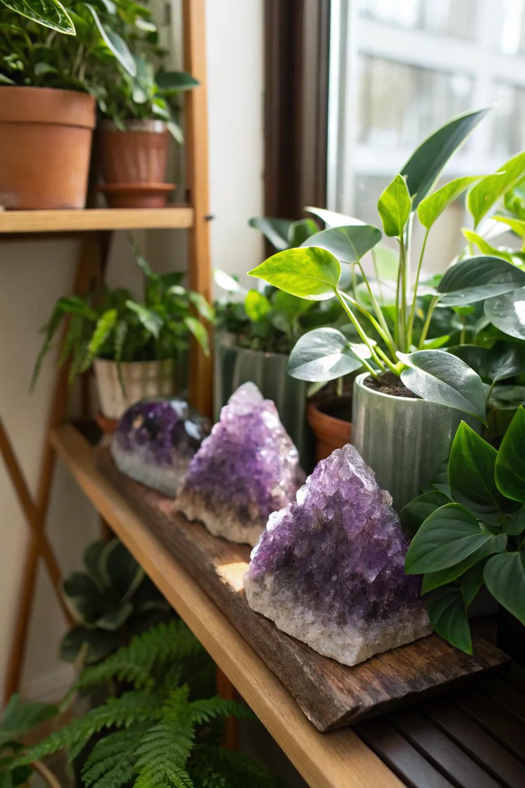 Purple gemstone crystals paired with houseplants for a natural vibe.