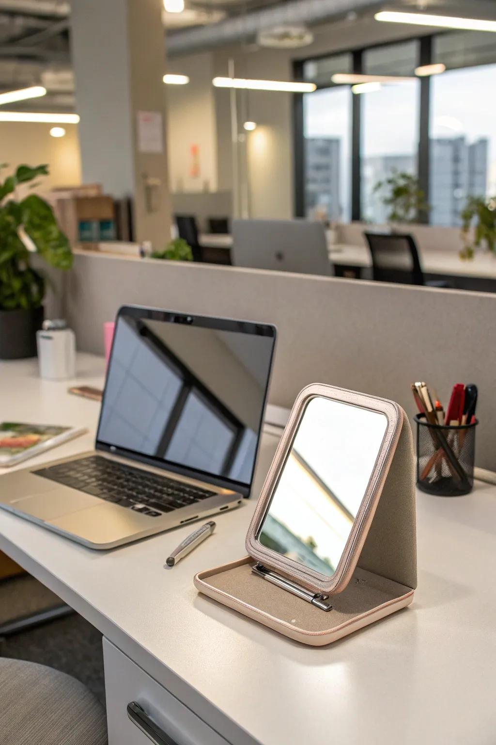 A foldable desk mirror provides convenience and flexibility in the workspace.
