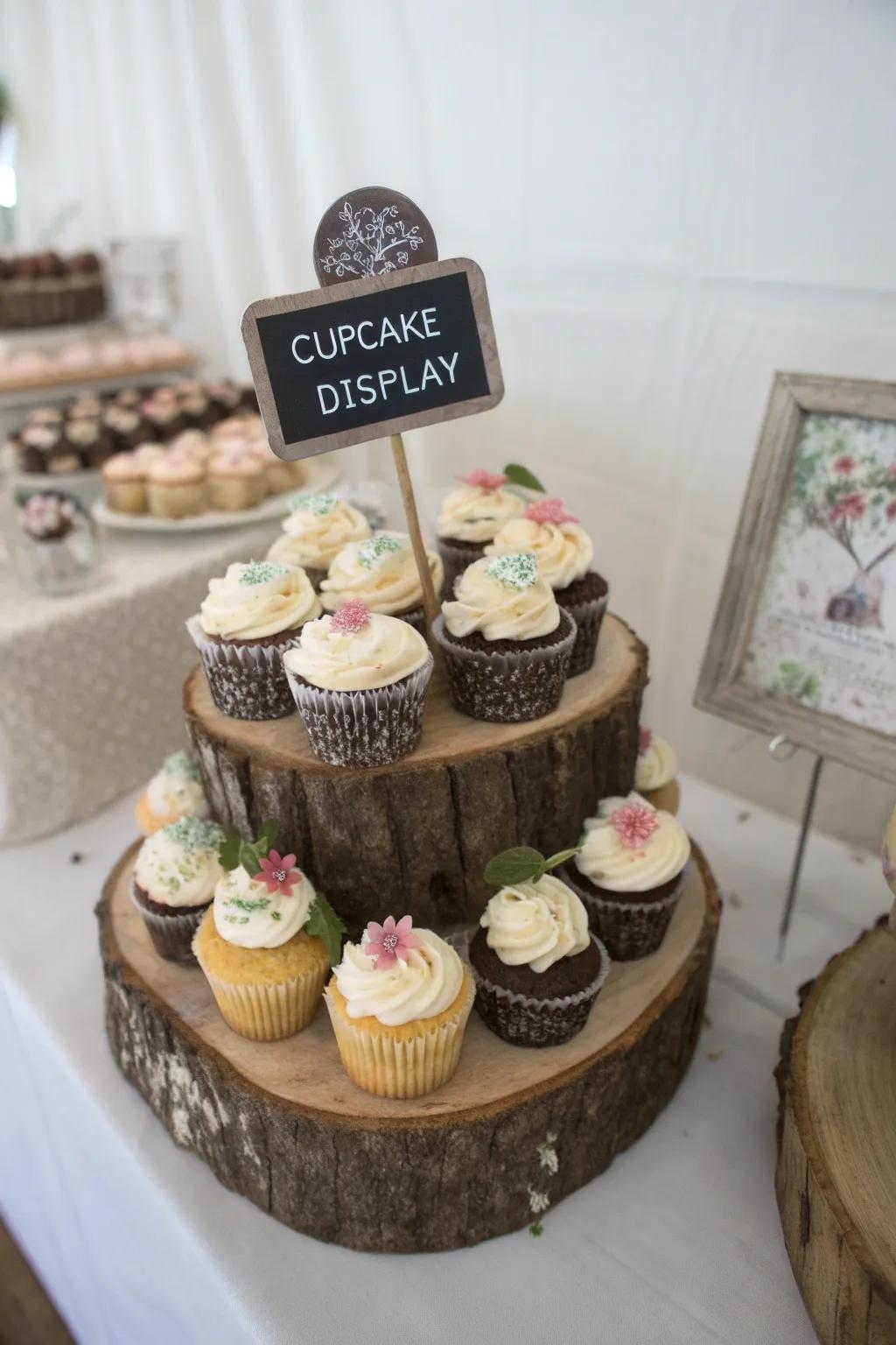 Custom signs contribute a personal touch to the cupcake display.