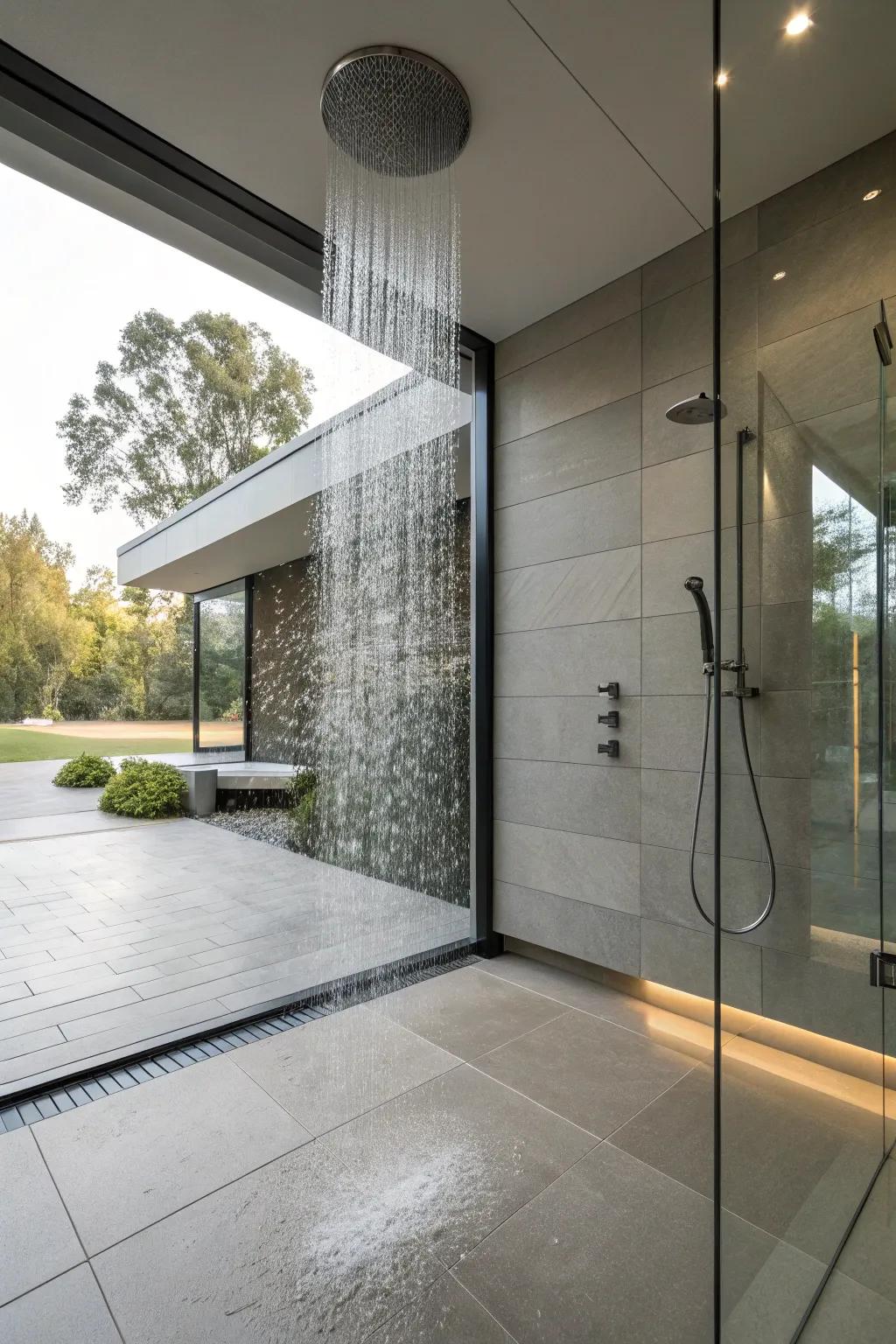 The rainfall showerhead enhances the bathing experience in this shower without a curb.