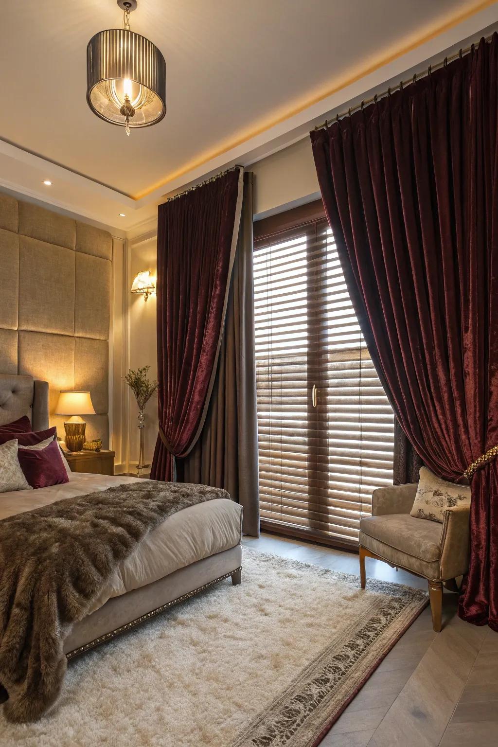 Drapes add a luxurious and cozy touch over blinds.