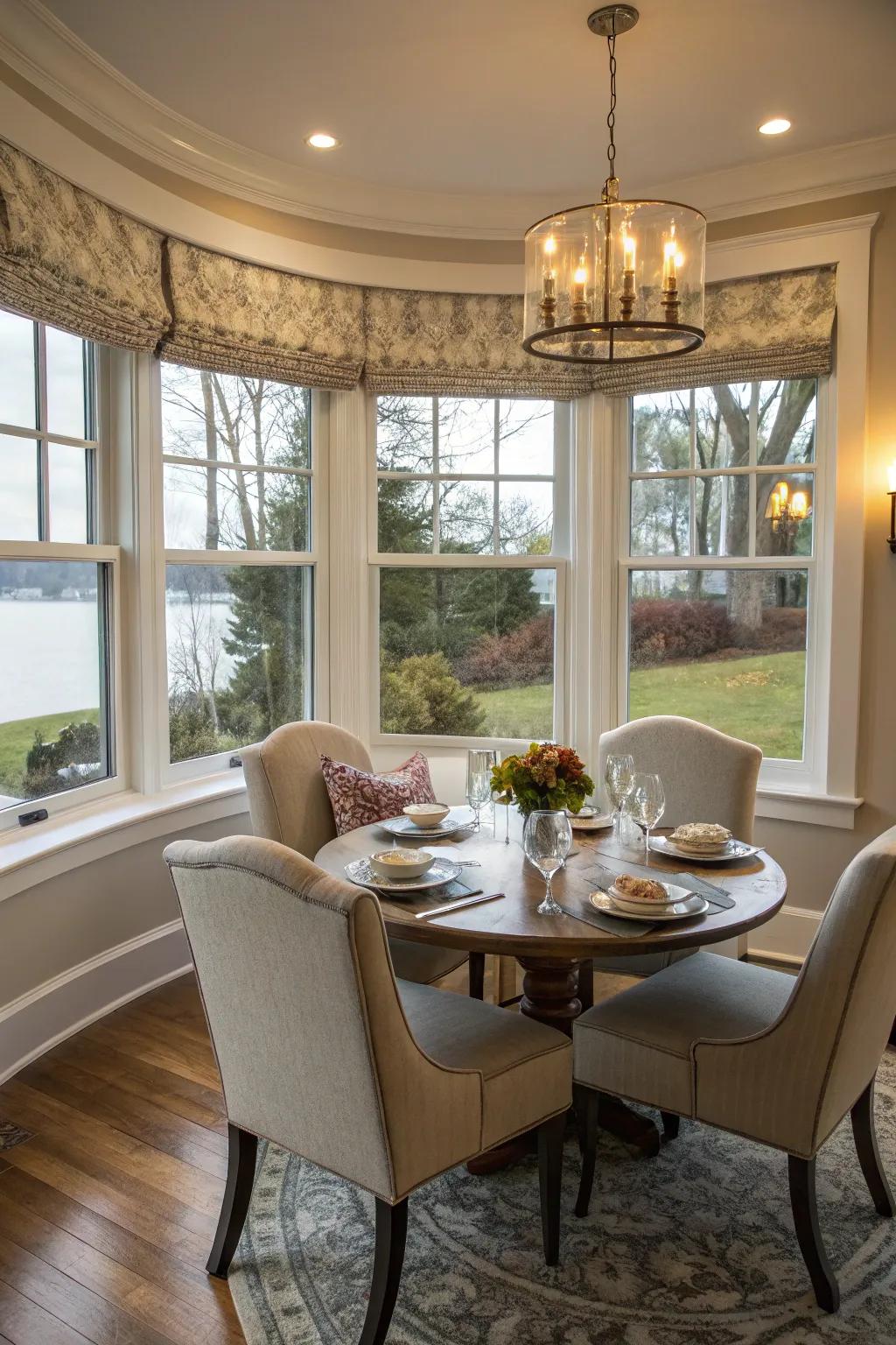 A quaint meal spot inside an arched bay window setting.