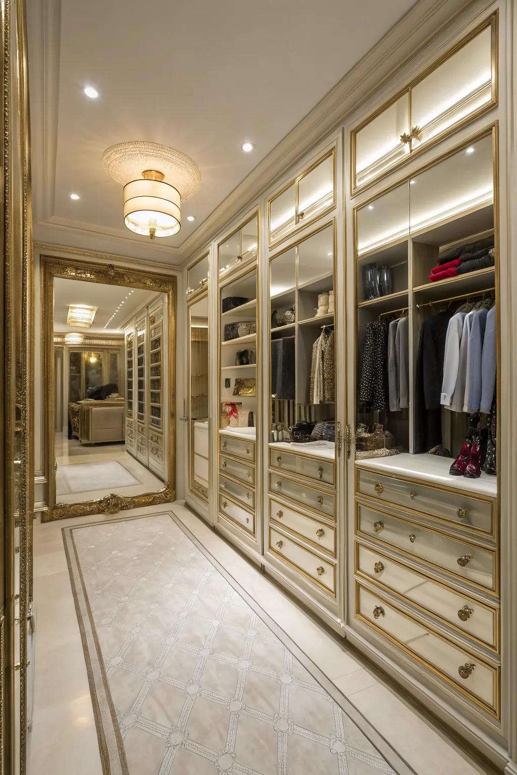 Reflective wall panels introduce depth and practicality to your closet.