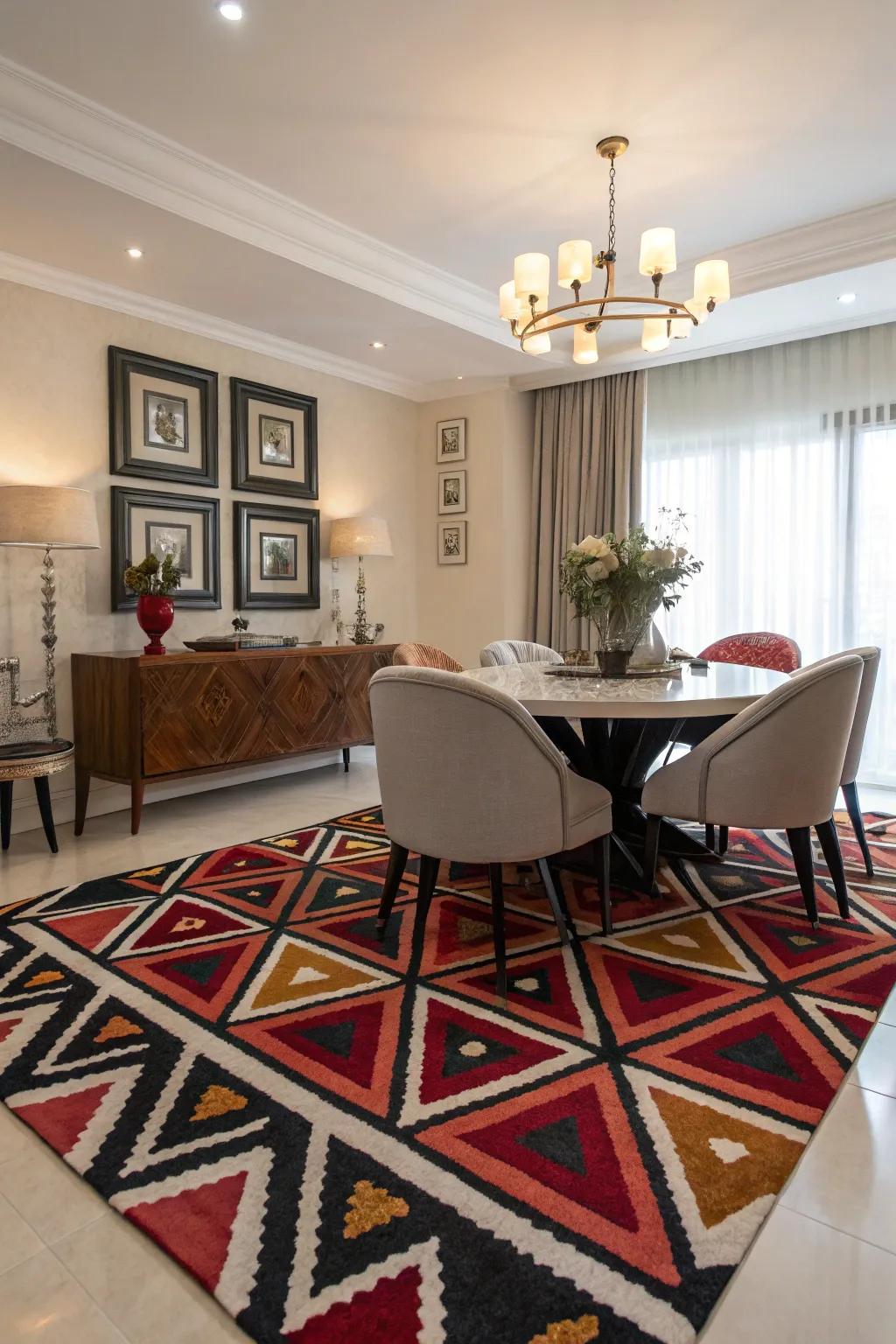 Abstract geometric patterns lend modern sophistication to this dining area.
