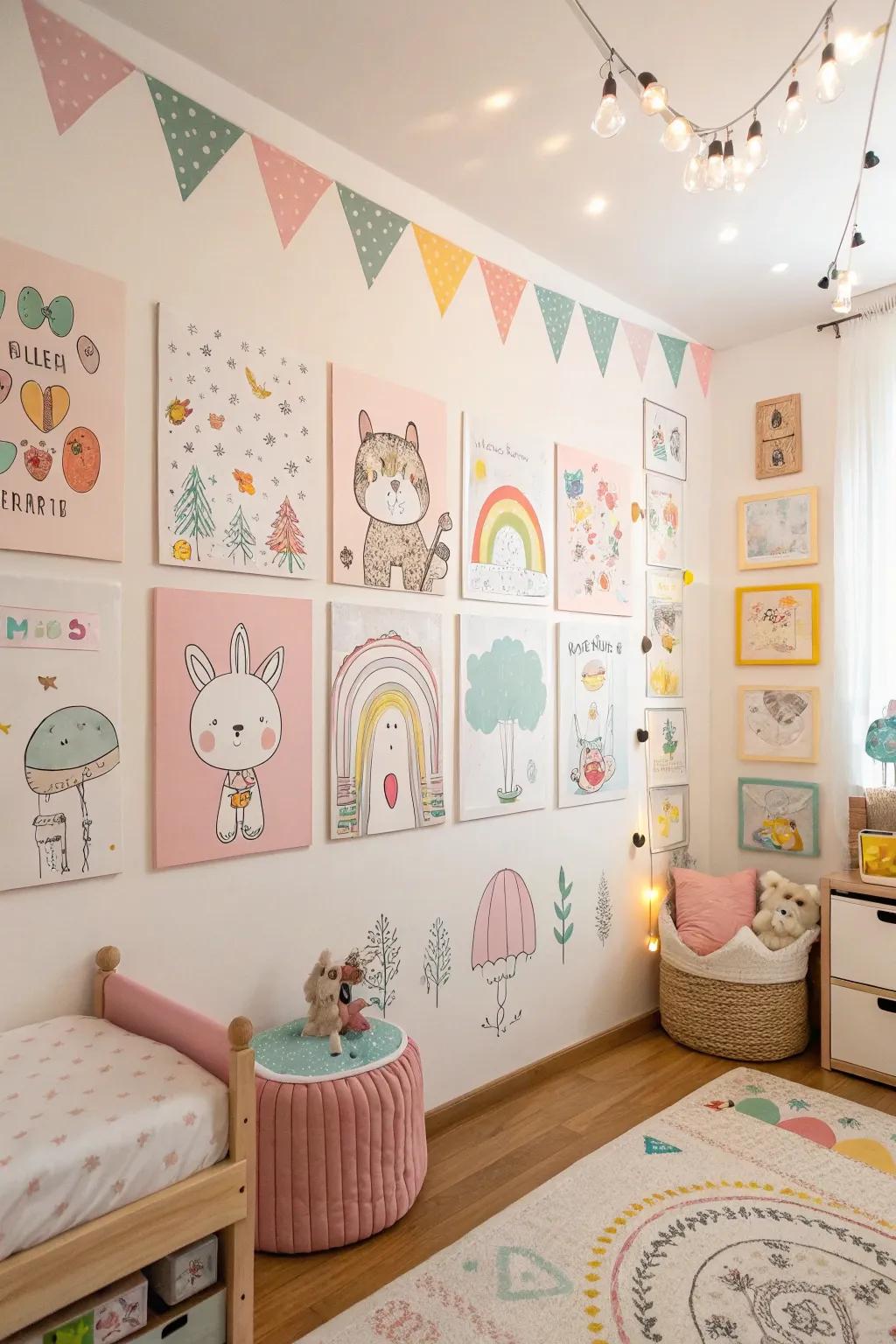 Playful posters with doodles in a children's room.