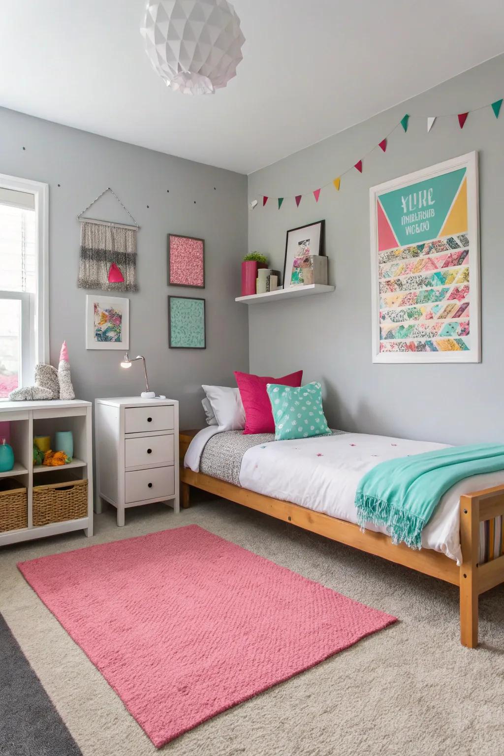 A balanced teen room featuring neutral hues and color splashes.