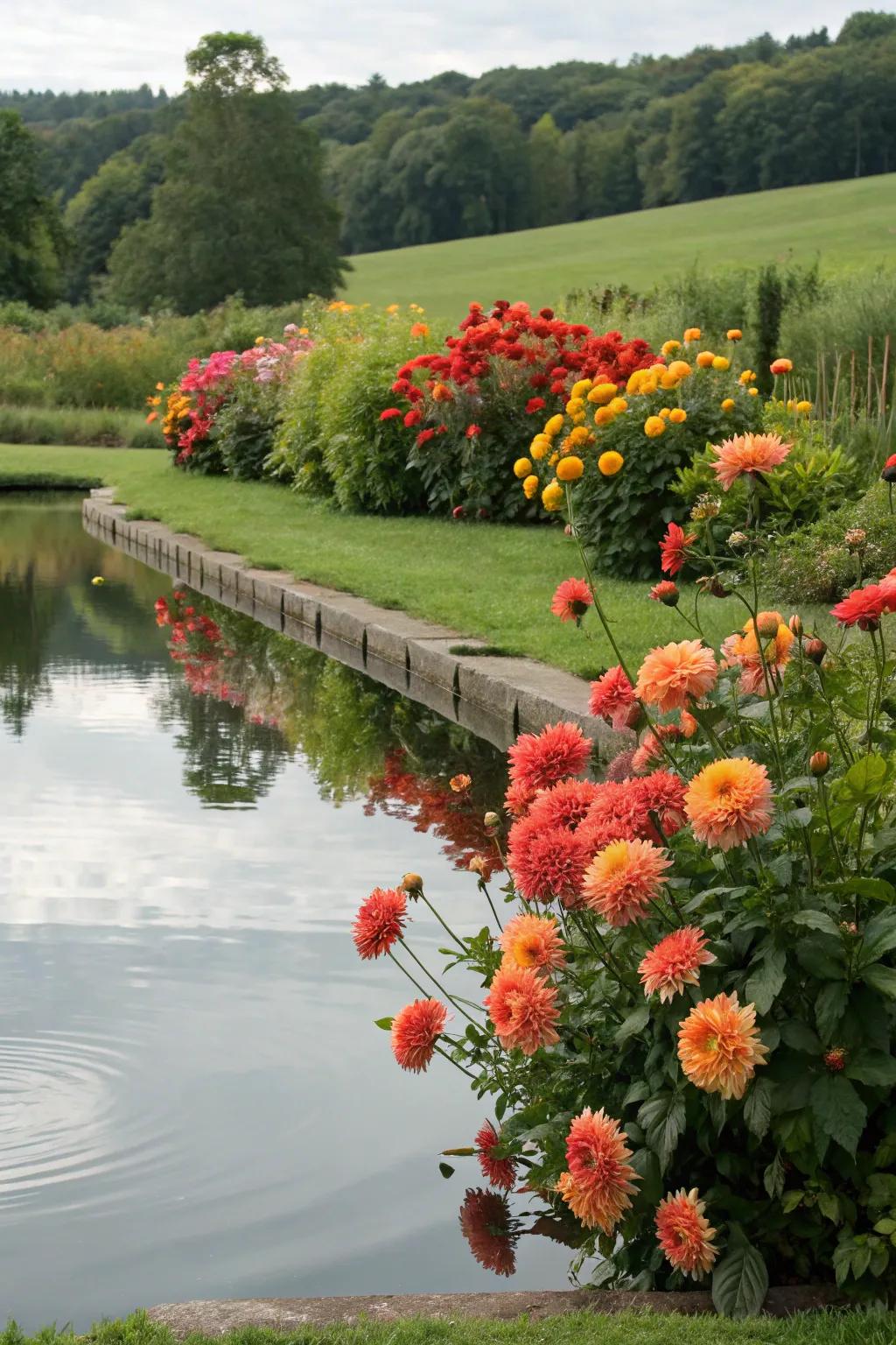A serene water feature adorned with dahlias.