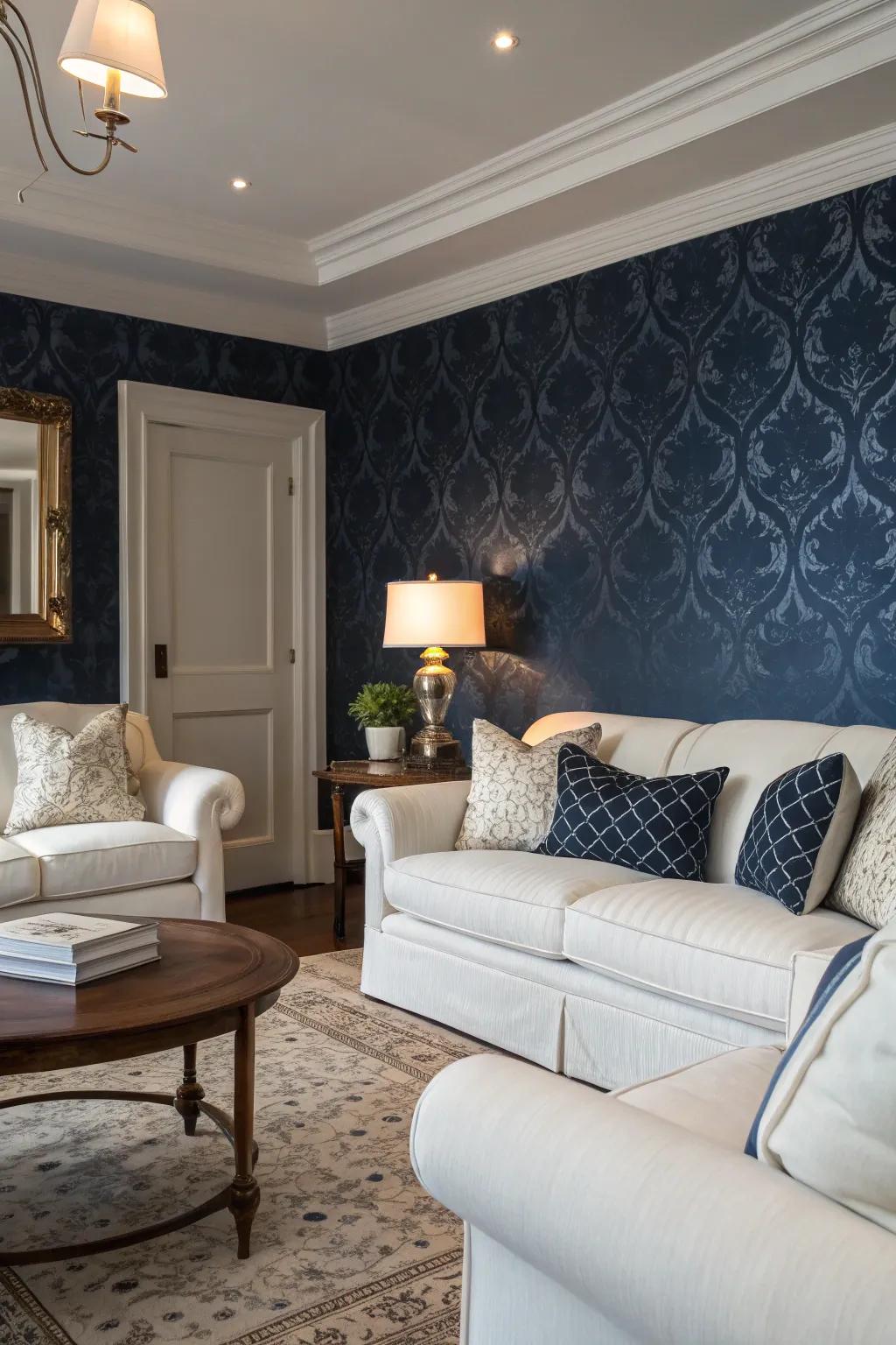 Contrasting decor enhances the beauty of dark blue wall coverings.