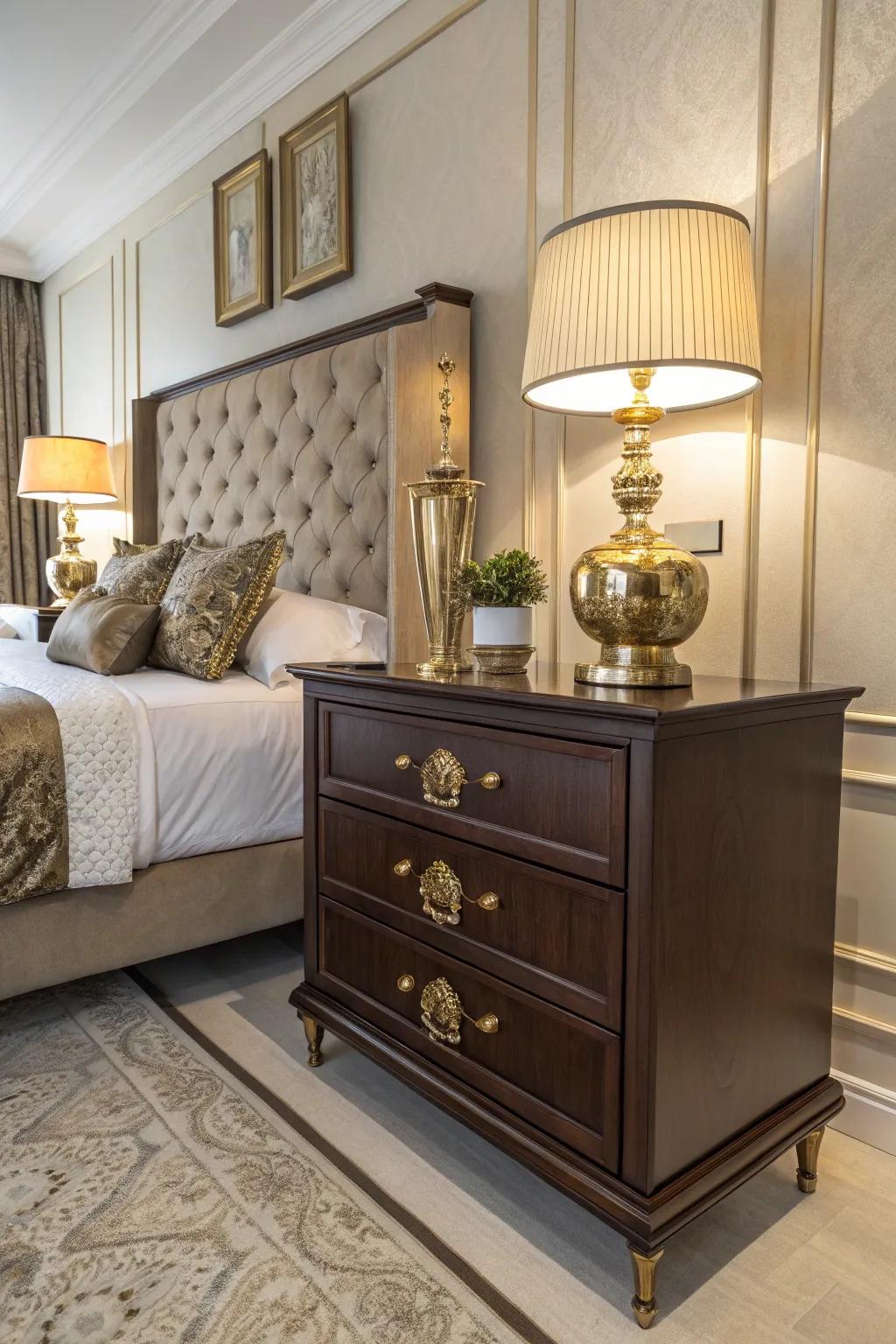 Warm metallic shades enhance the charm of dark brown decor.