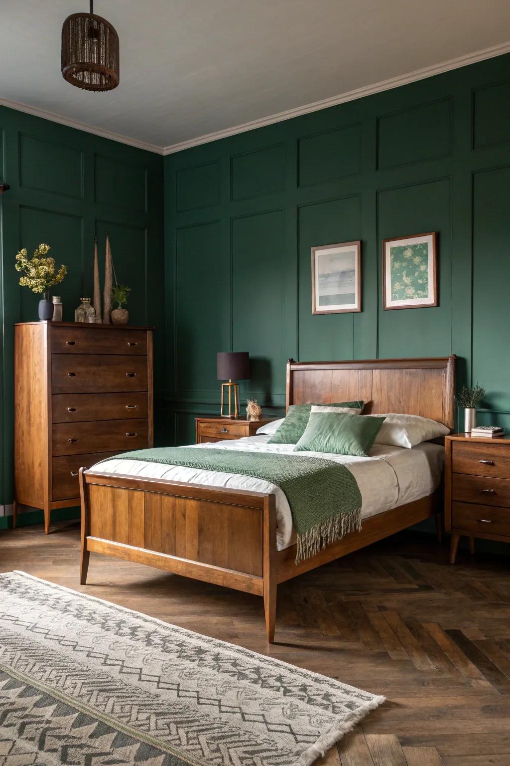 A dark green bedroom featuring vintage modern timber furnishings.