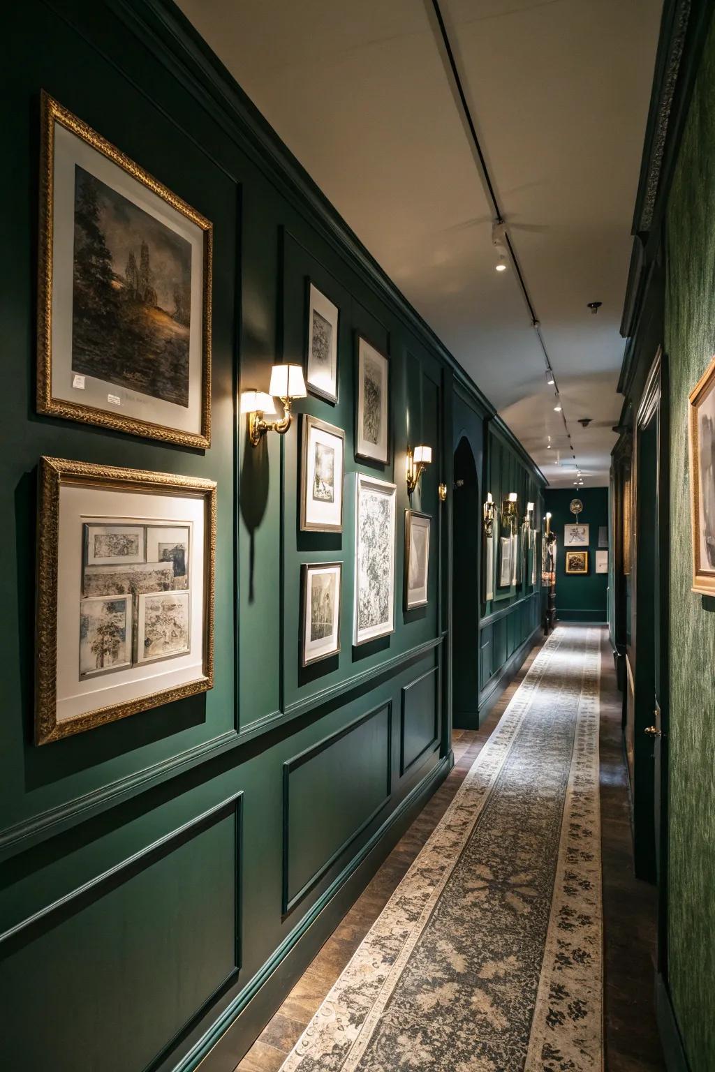 A curated art display personalizes the deep green hallway.