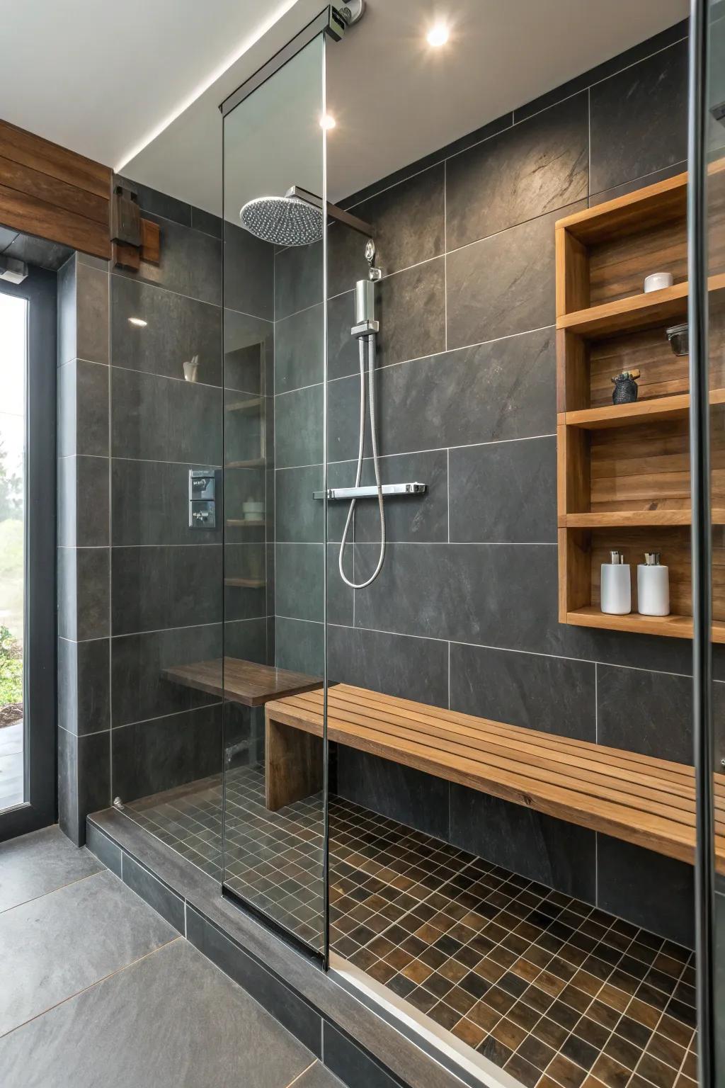 Wood accents soften the bold look of dark grey tiles.