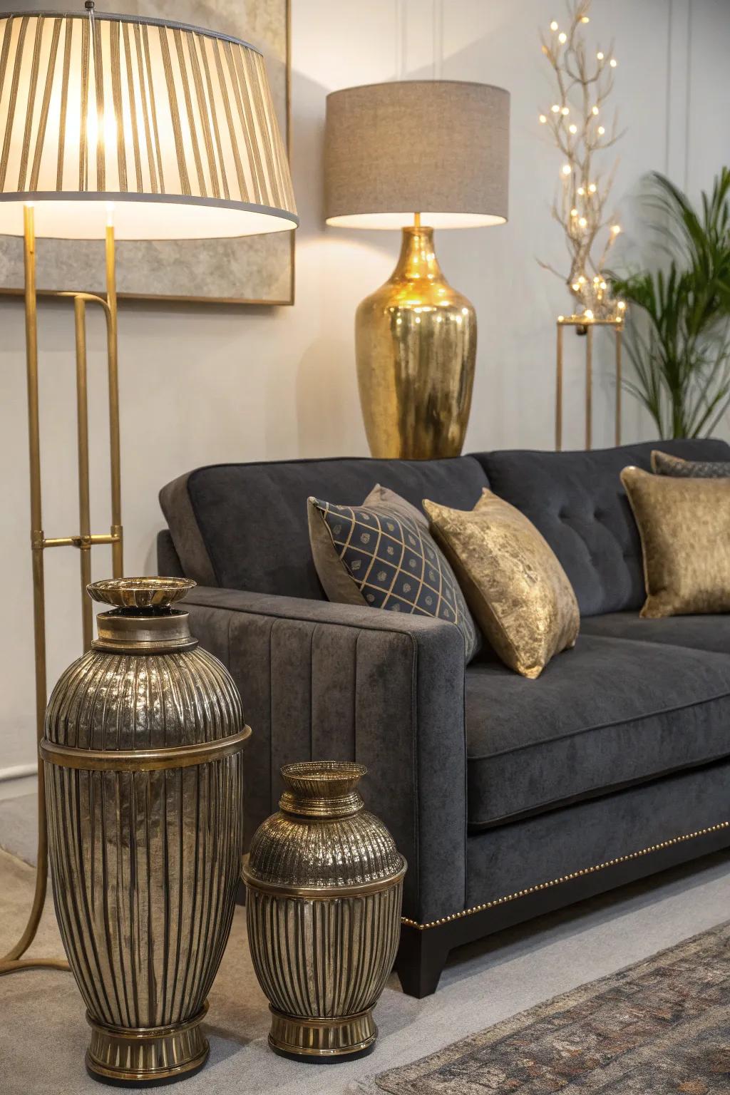 Polished details introduce a hint of luxury to a grey couch ensemble.
