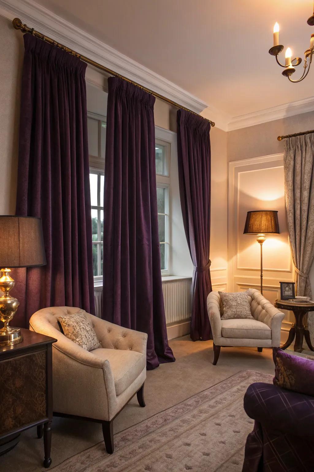 Deep violet drapes imbue this refined lounge with heightened grace and seclusion.