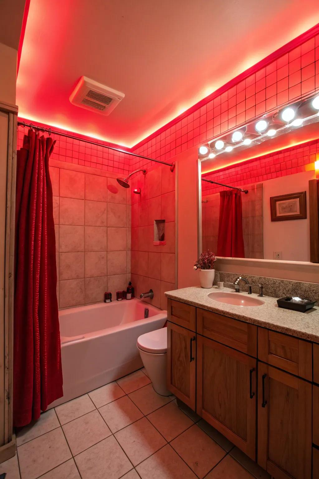 Red lighting arrangements produce a welcoming and comforting ambiance.
