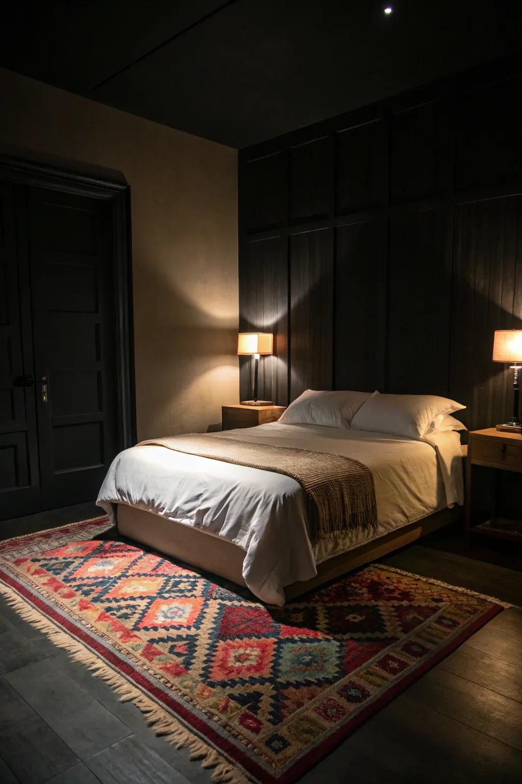 A dark bedroom with bright bedding and a contrasting rug.
