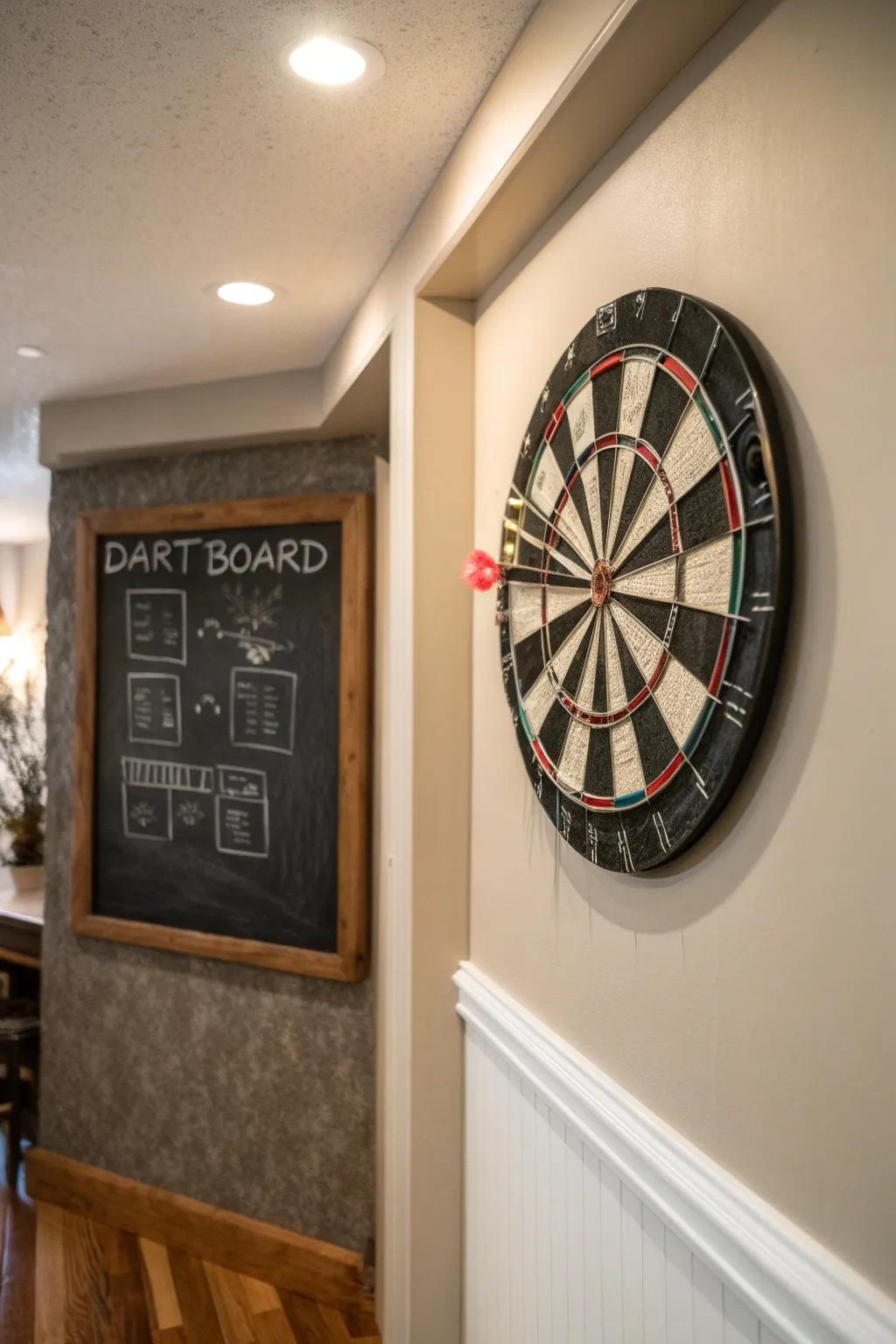 A chalkboard adds functionality and charm to your dart board setup.