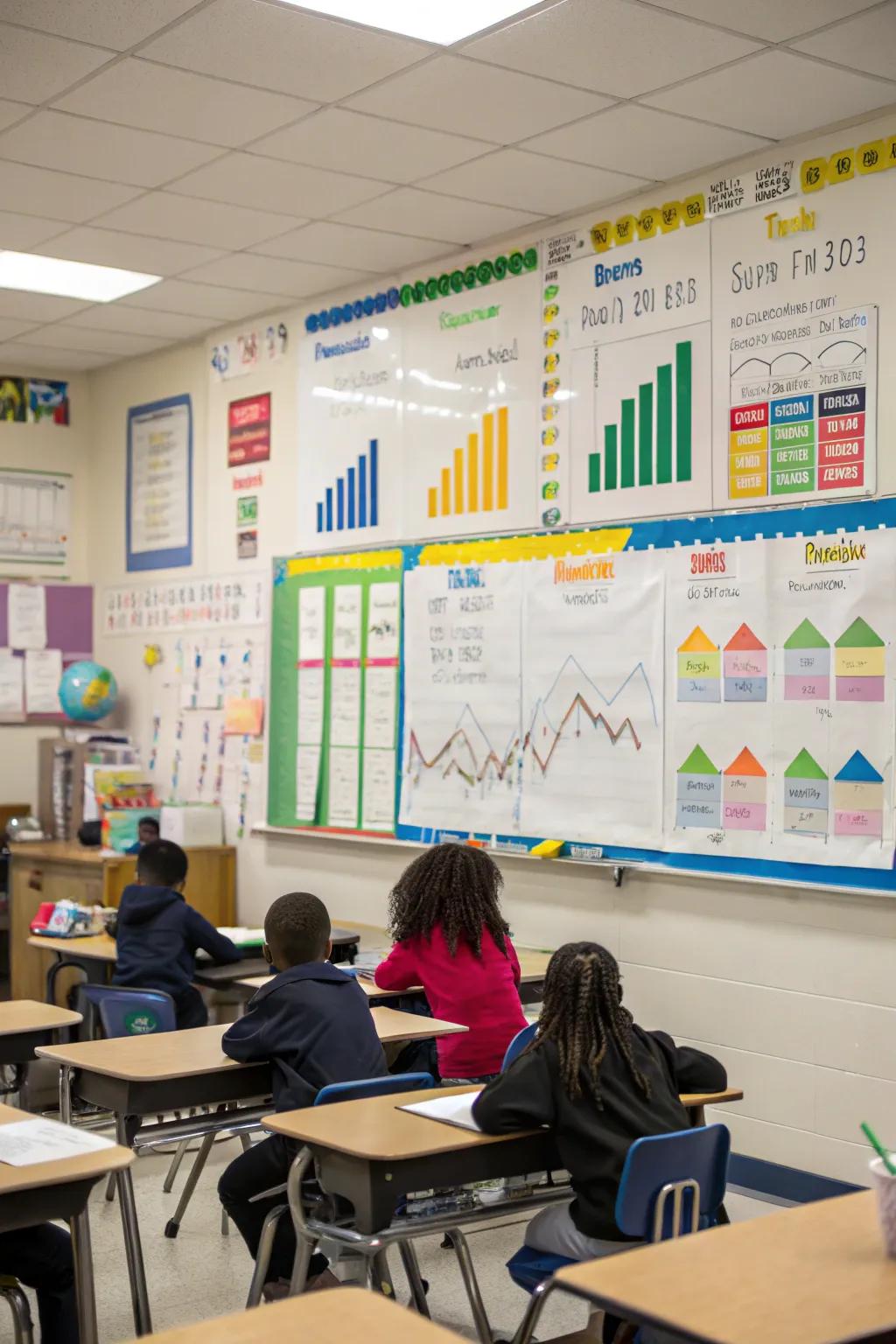 A data wall displaying various diagrams to monitor development.