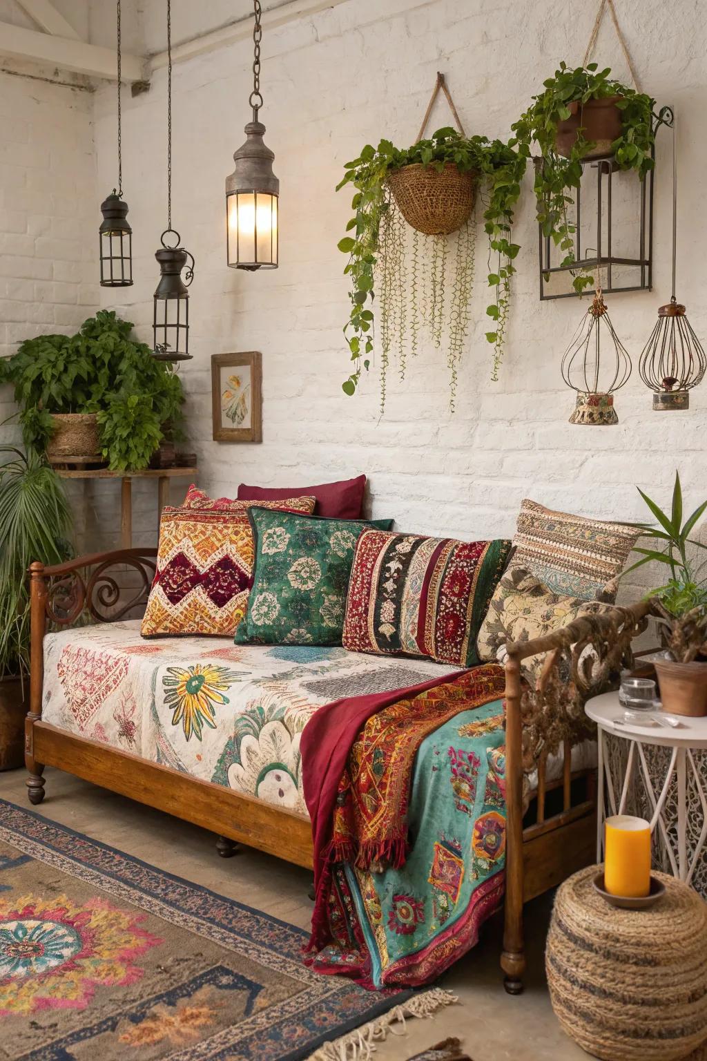 A bohemian-inspired daybed arrangement featuring vibrant patterns and textures.