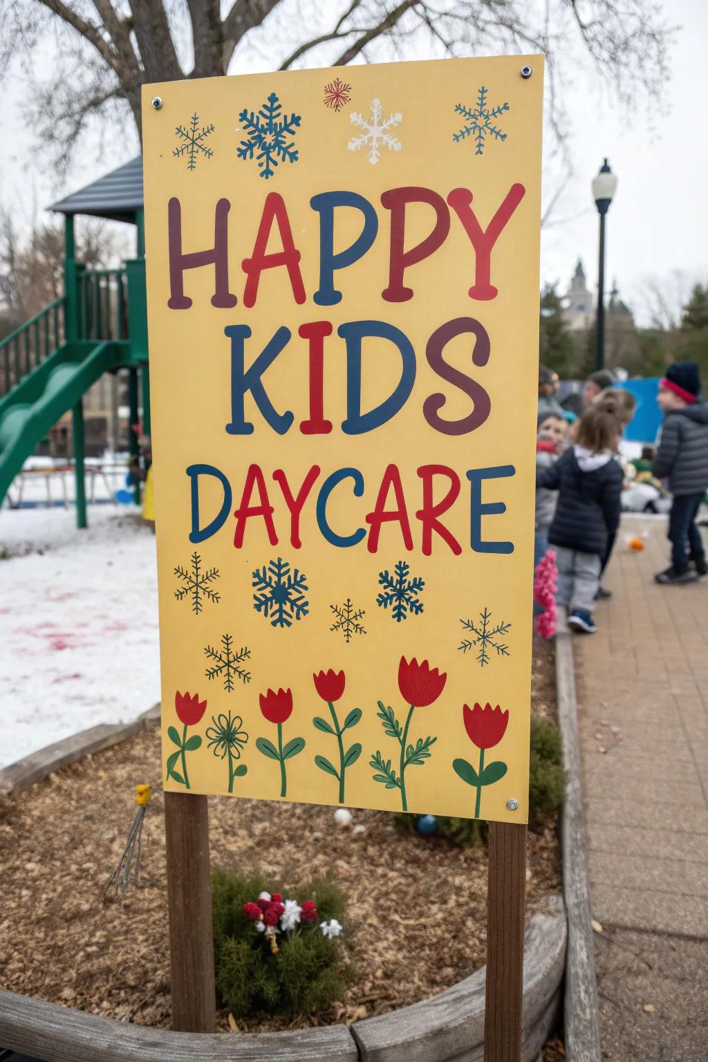 Seasonal decorations on the daycare sign add a touch of excitement and festivity.
